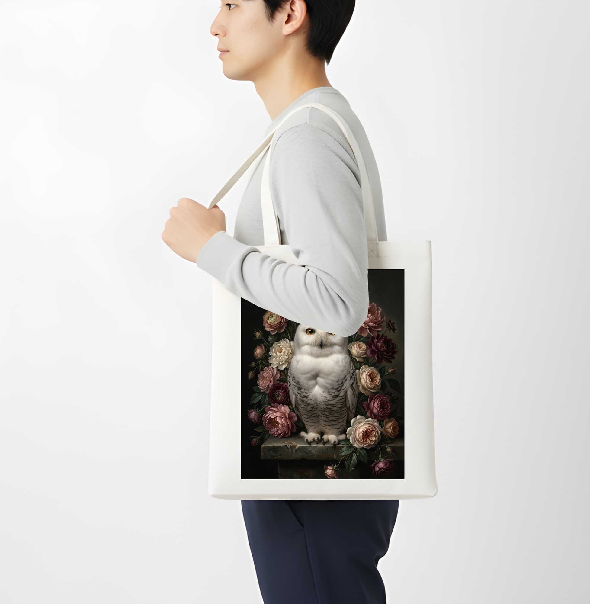 シロフクロウの花の油絵風アート花柄トートバッグ 4
