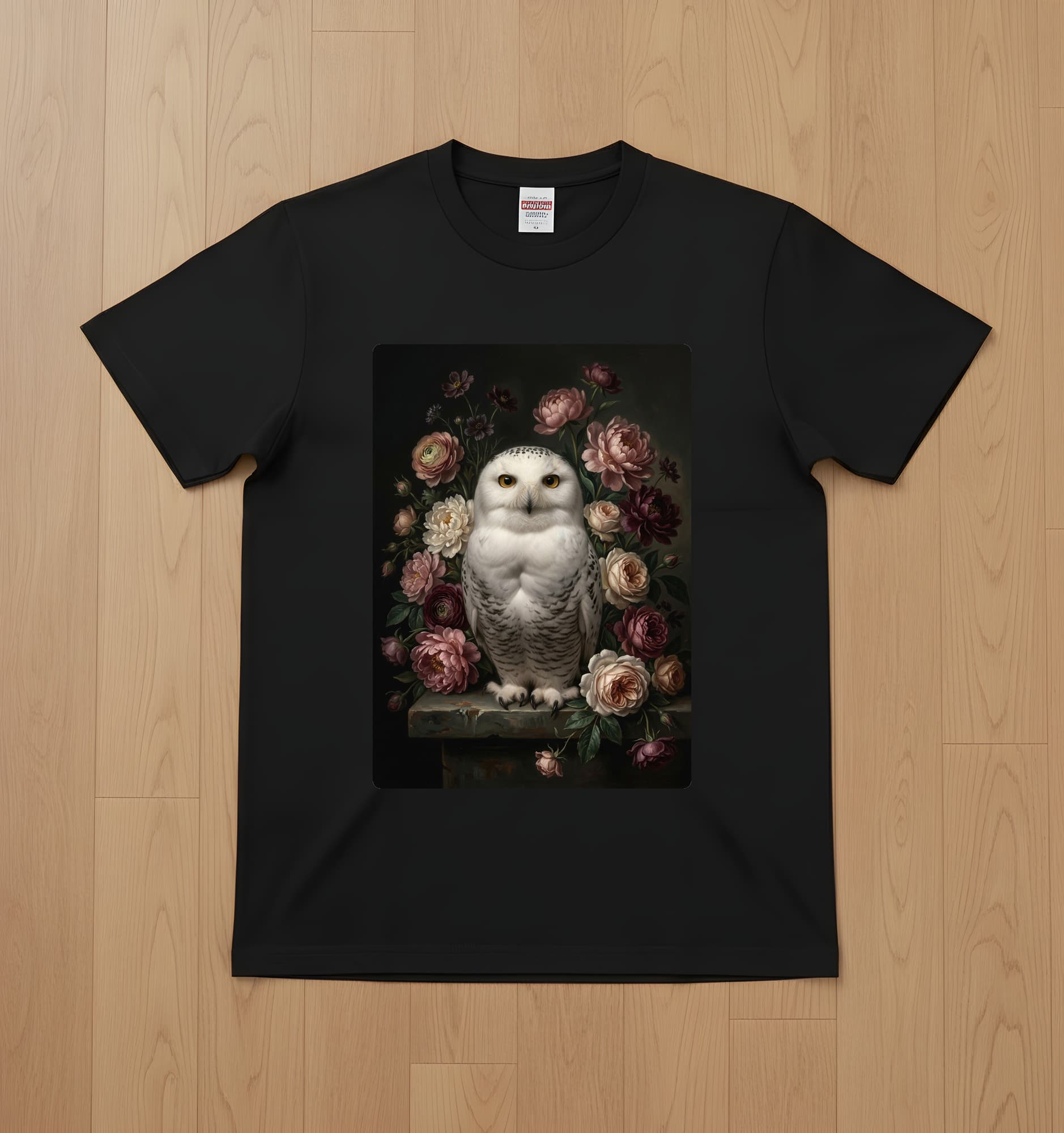 シロフクロウの花の油絵風アート花柄Tシャツ(ブラック)