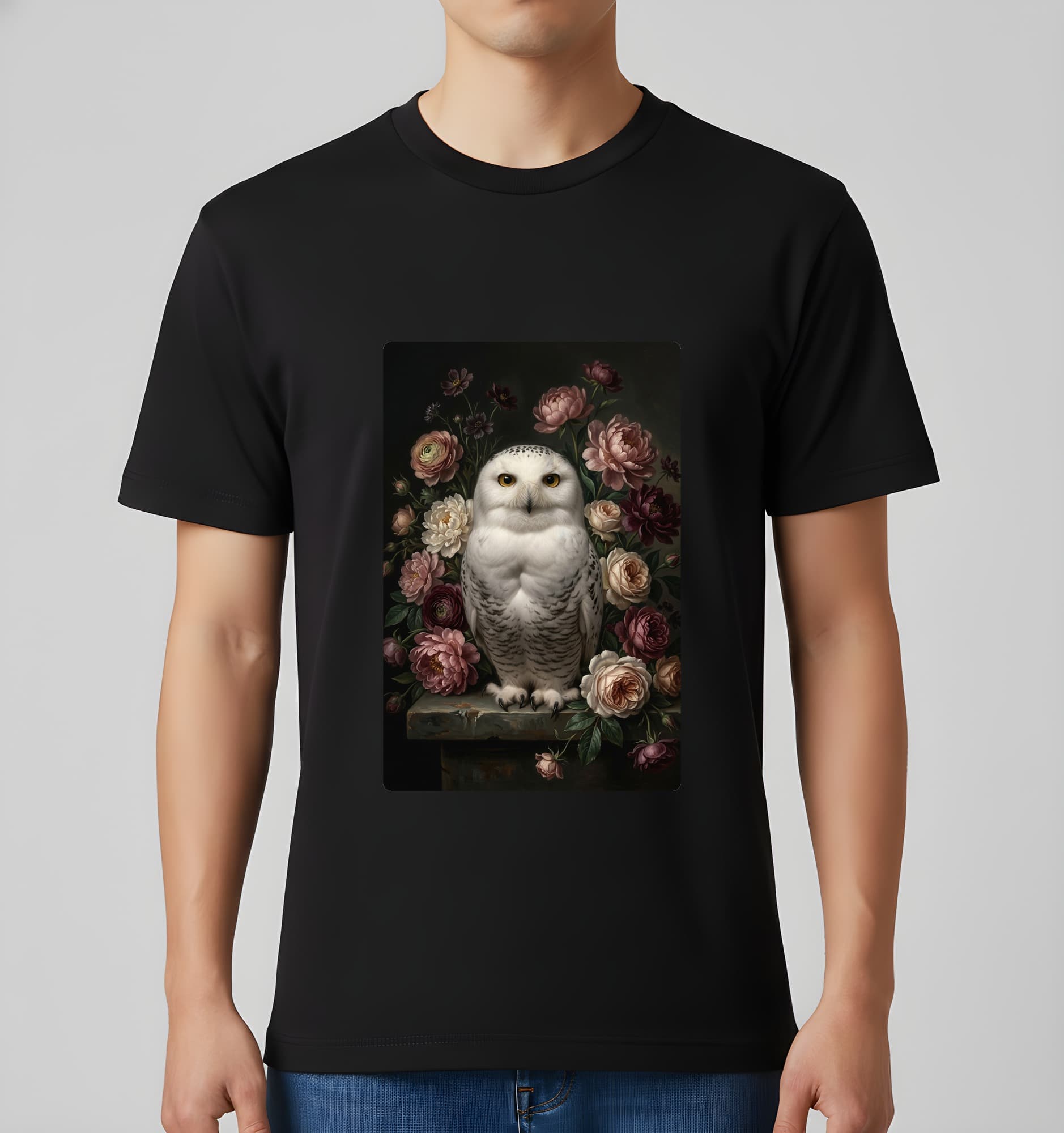 シロフクロウの花の油絵風アート花柄Tシャツ(ブラック) 3