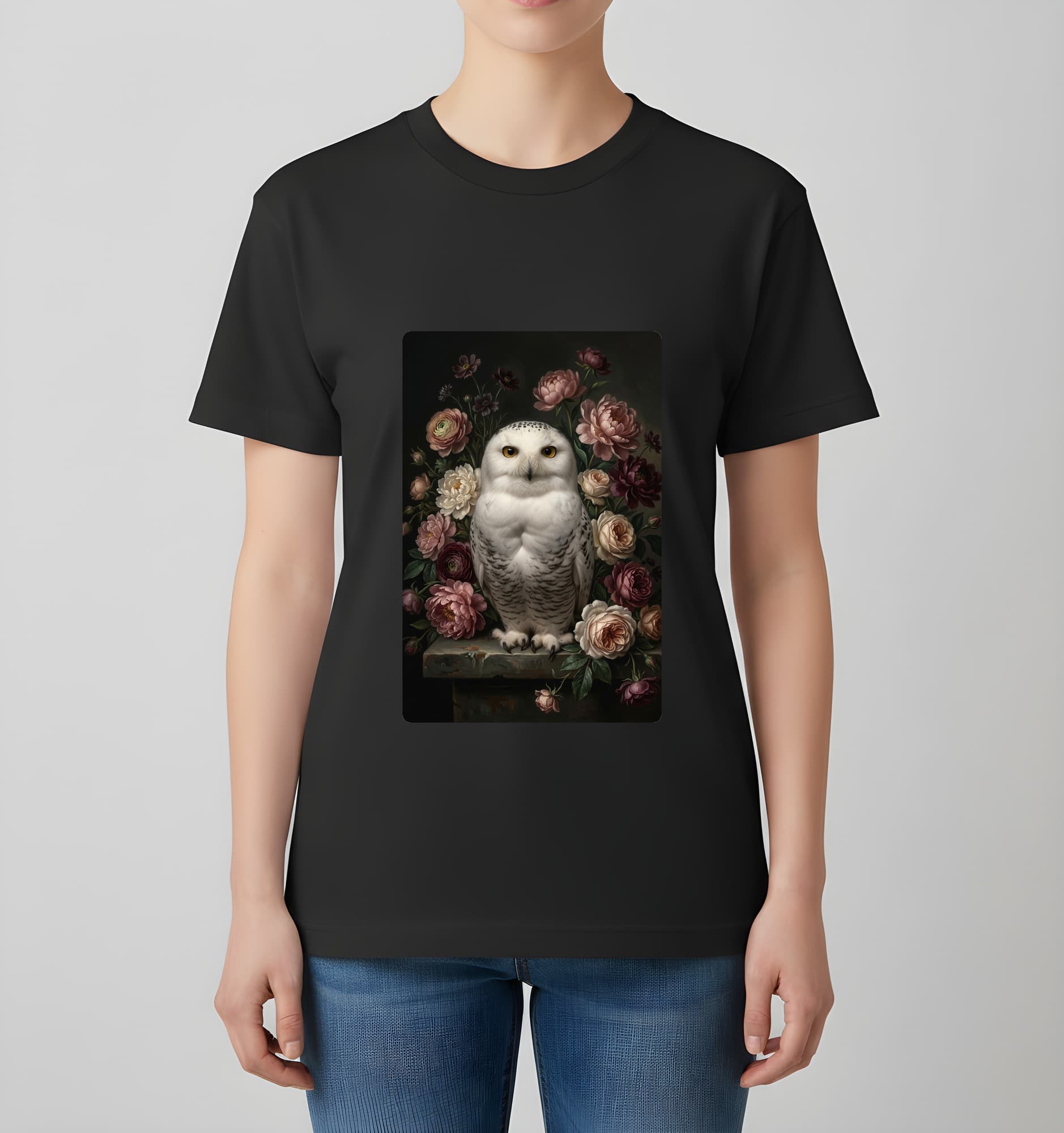 シロフクロウの花の油絵風アート花柄Tシャツ(ブラック) 4