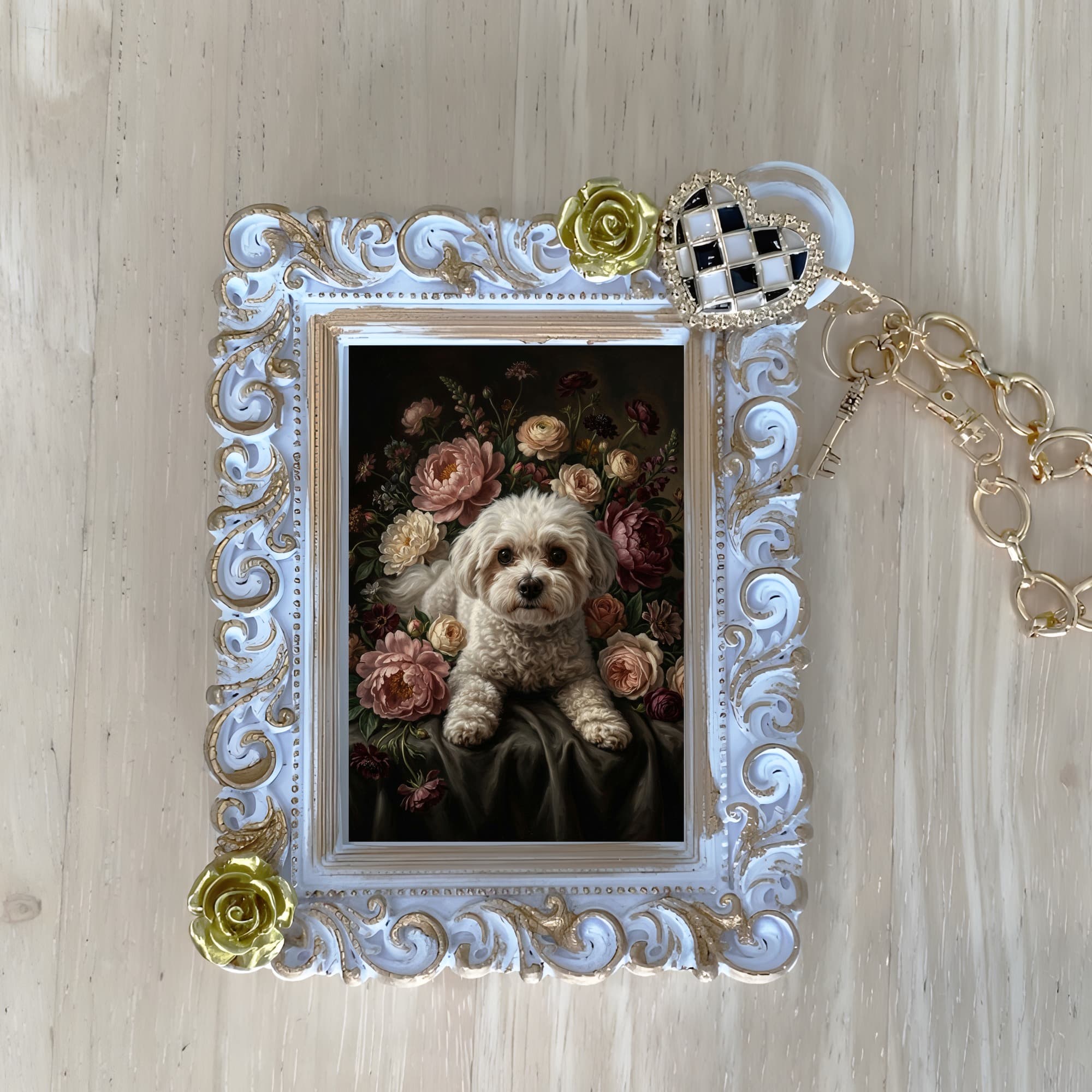 Maltese Floral Oil-Painting Floral Bag Charm (White)