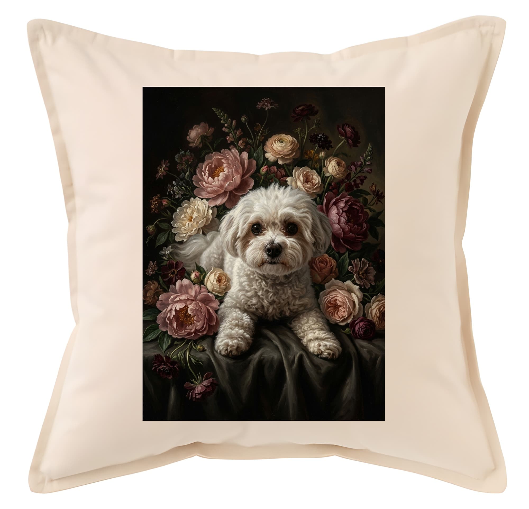 マルチーズの花の油絵風アート花柄クッション