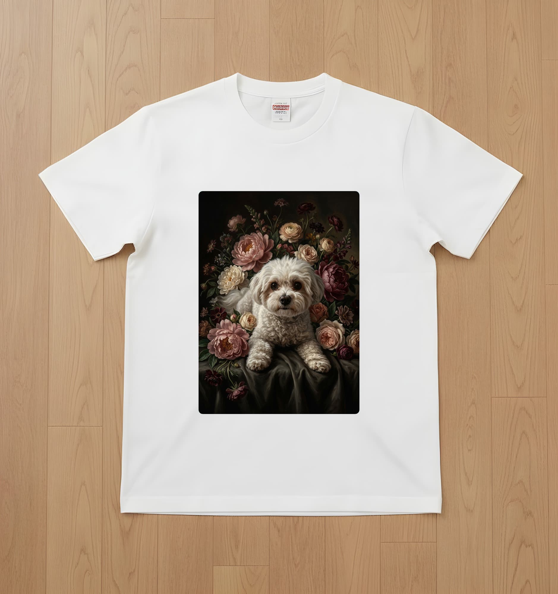 マルチーズの花の油絵風アート花柄Tシャツ(ホワイト)