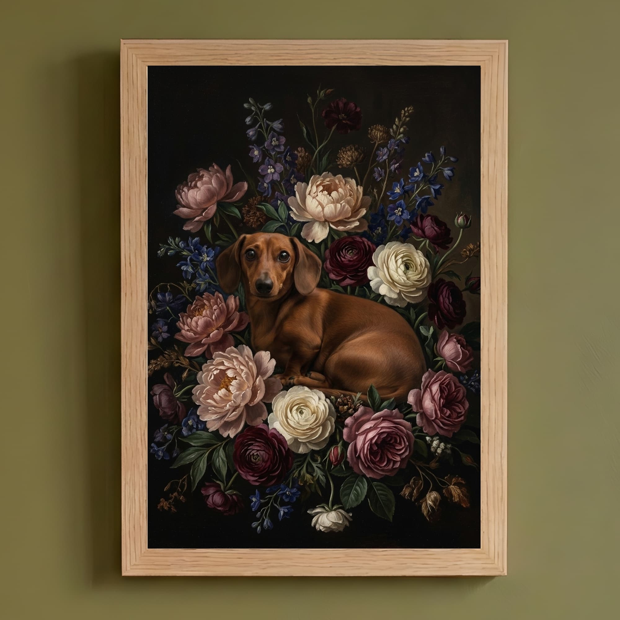 miniature dachshund Floral Oil-Painting Floral Framed Art Print (A4)