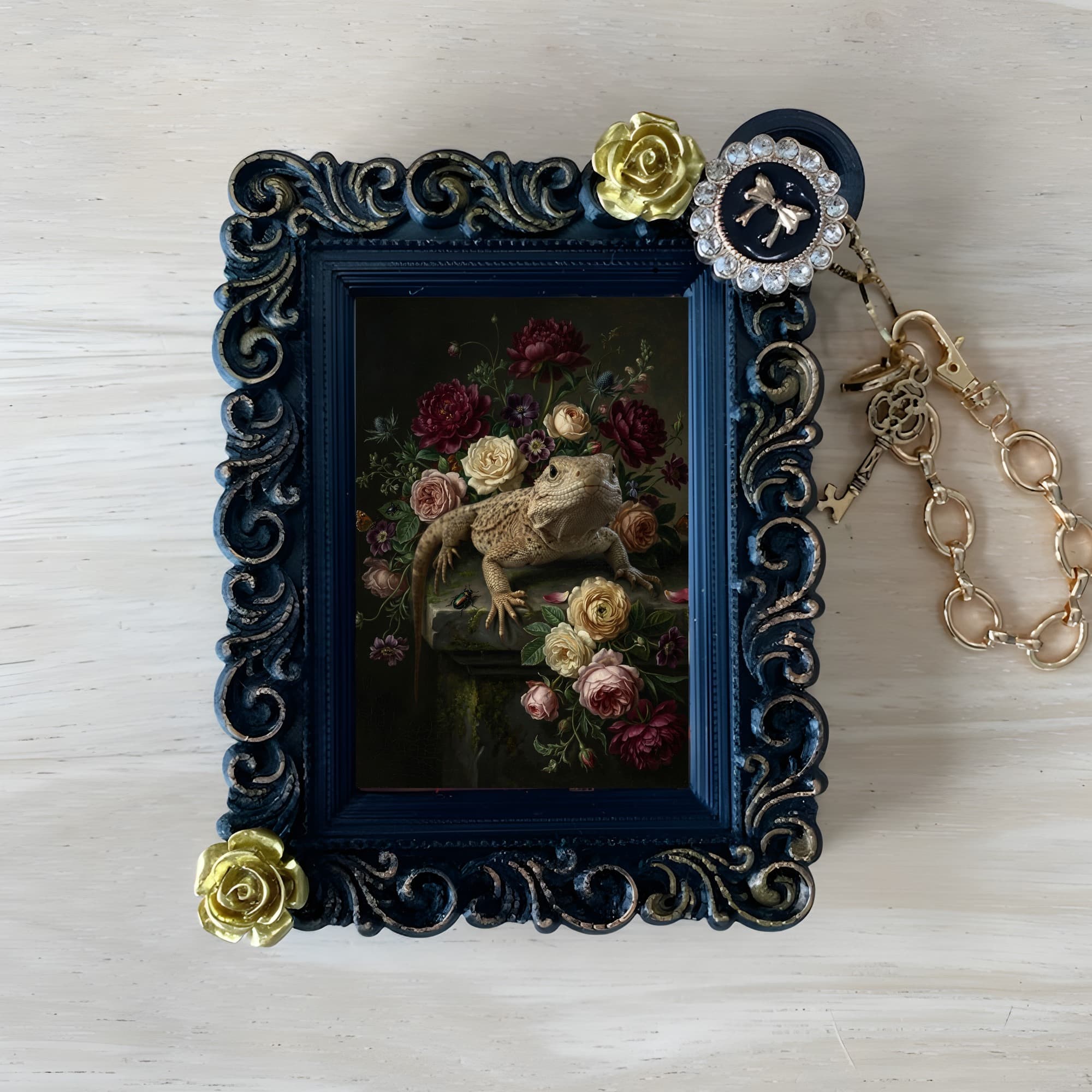 サバクイグアナの花の油絵風アート花柄バッグチャーム(ブラック)