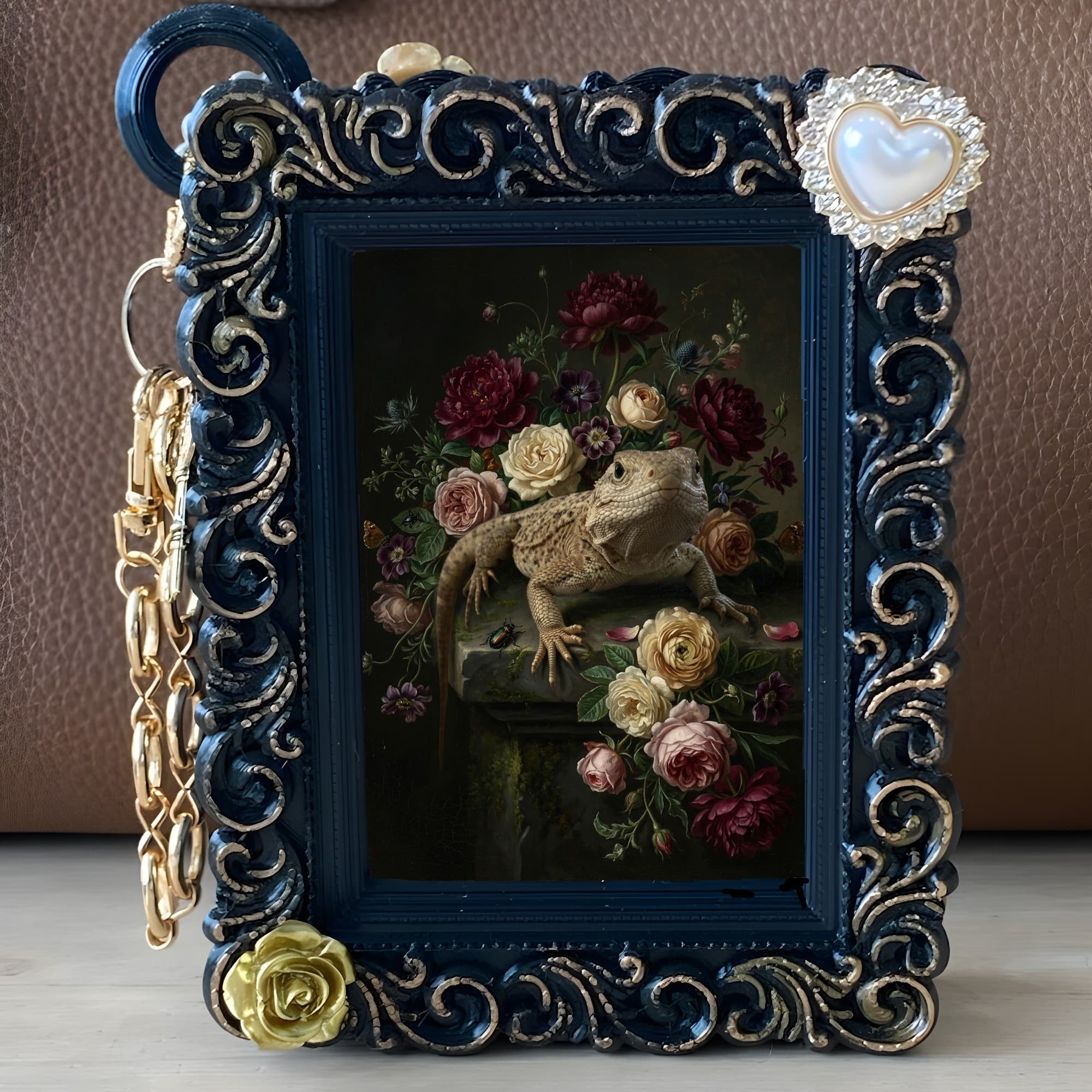 サバクイグアナの花の油絵風アート花柄バッグチャーム(ブラック) 5