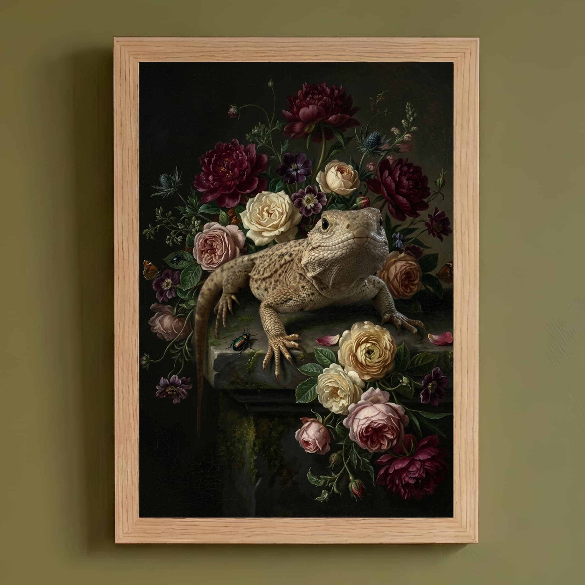 サバクイグアナの花の油絵風アート花柄額装プリント(A4サイズ)