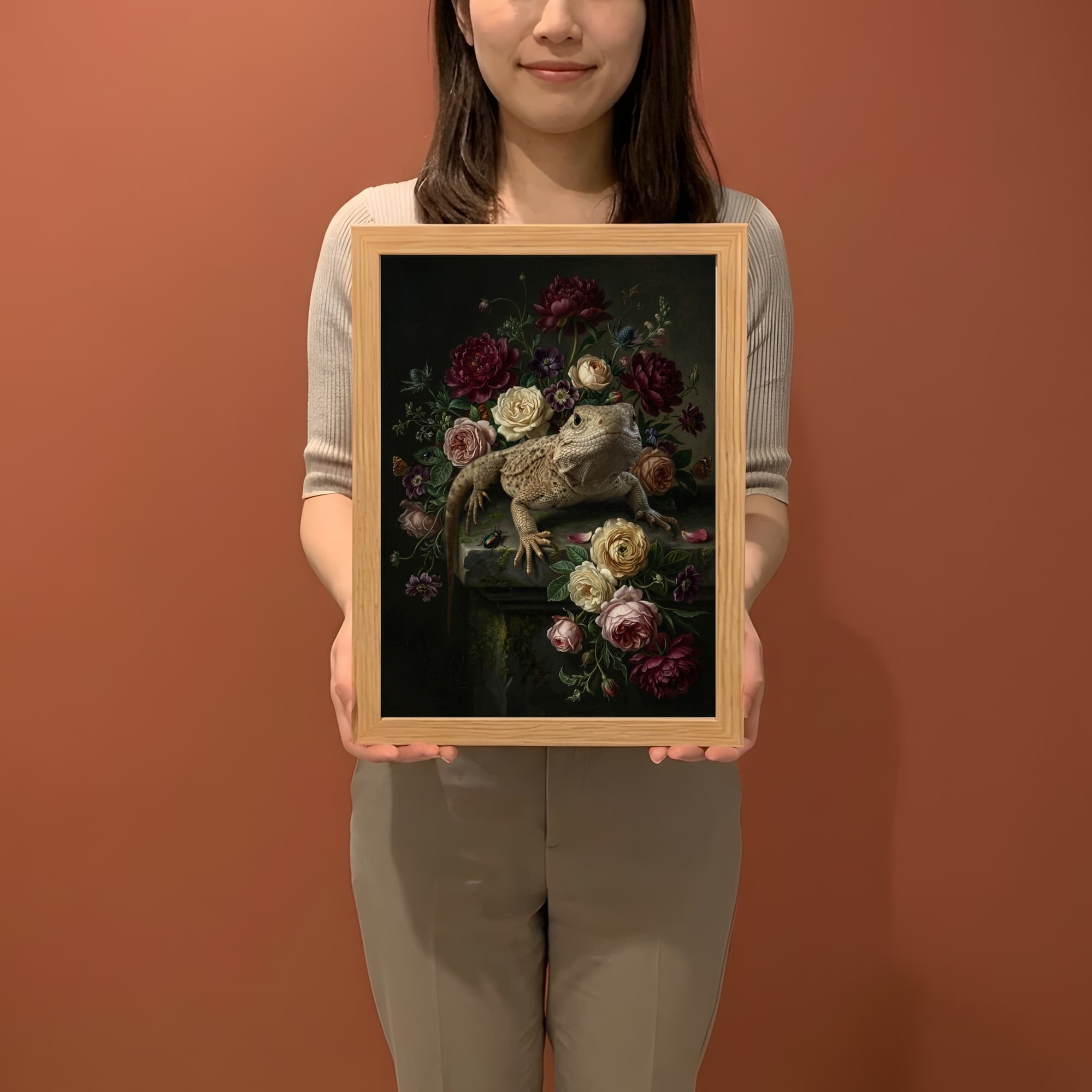 サバクイグアナの花の油絵風アート花柄額装プリント(A4サイズ) 2