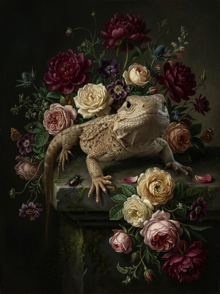 サバクイグアナの花の油絵風アート花柄額装プリント(A4サイズ) 4