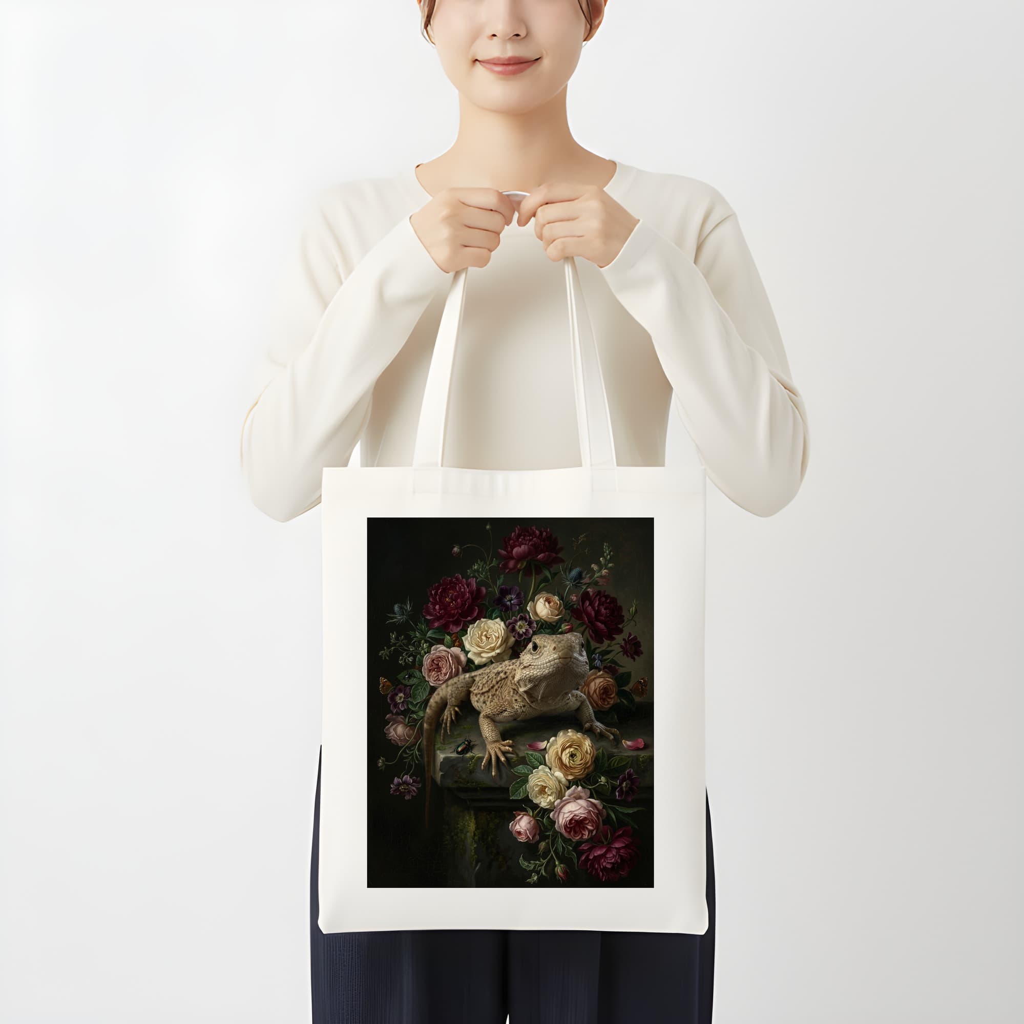 サバクイグアナの花の油絵風アート花柄トートバッグ 3