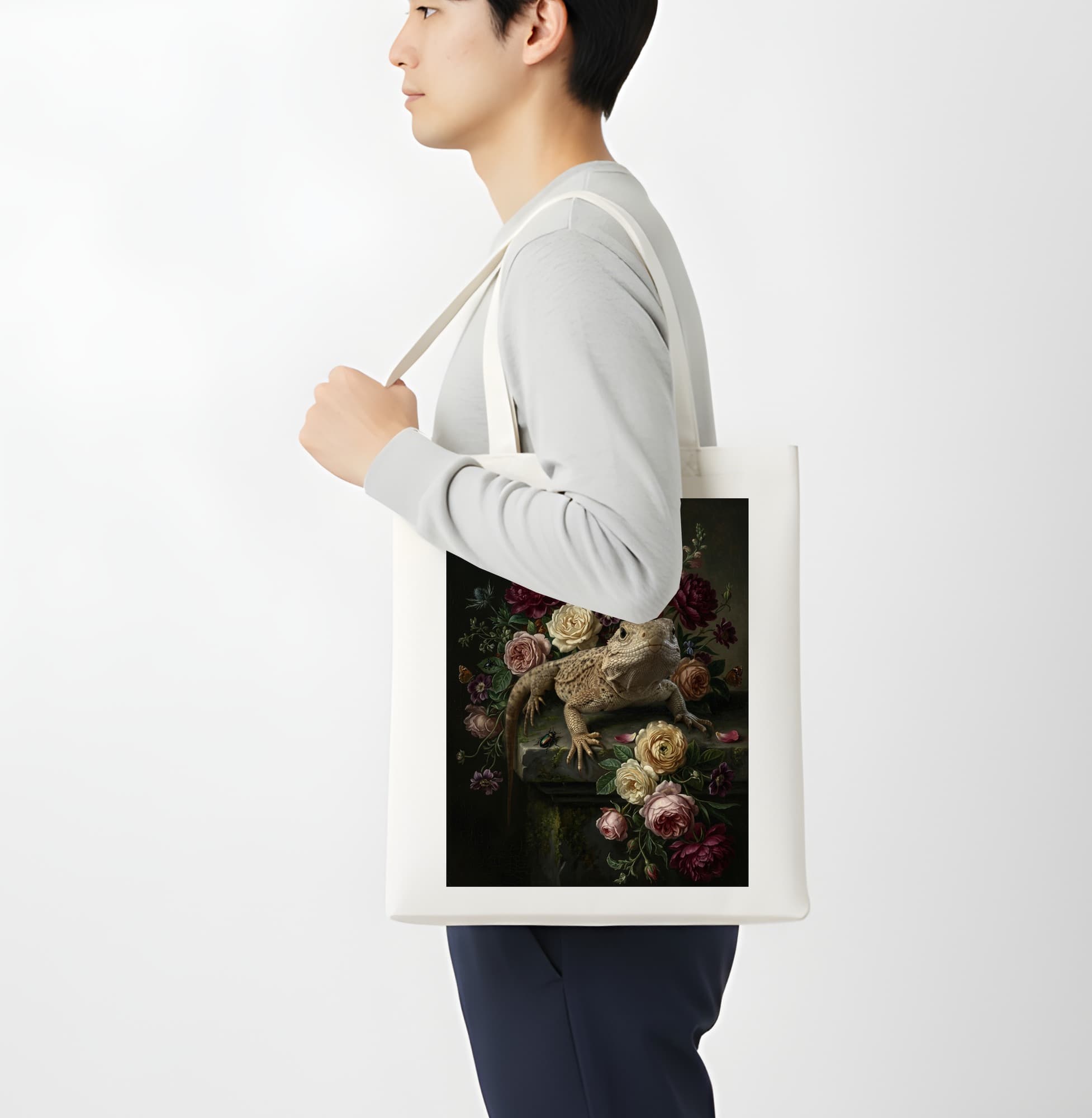 サバクイグアナの花の油絵風アート花柄トートバッグ 4