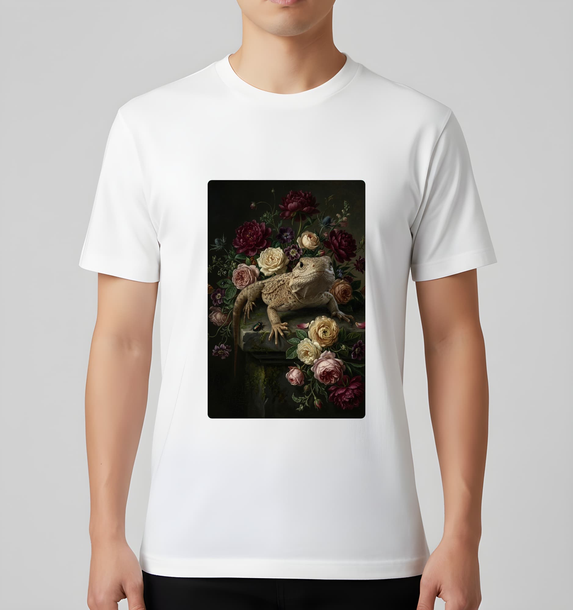 サバクイグアナの花の油絵風アート花柄Tシャツ(ホワイト) 3