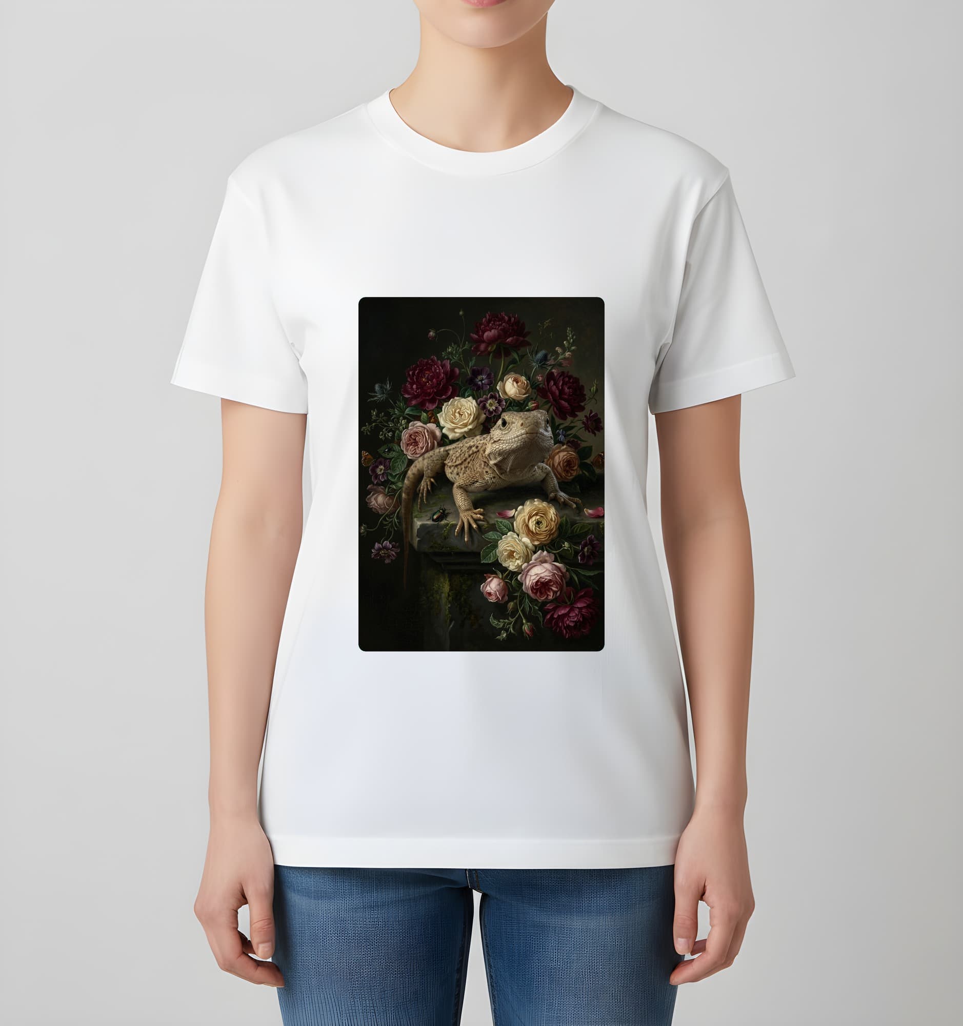 サバクイグアナの花の油絵風アート花柄Tシャツ(ホワイト) 4