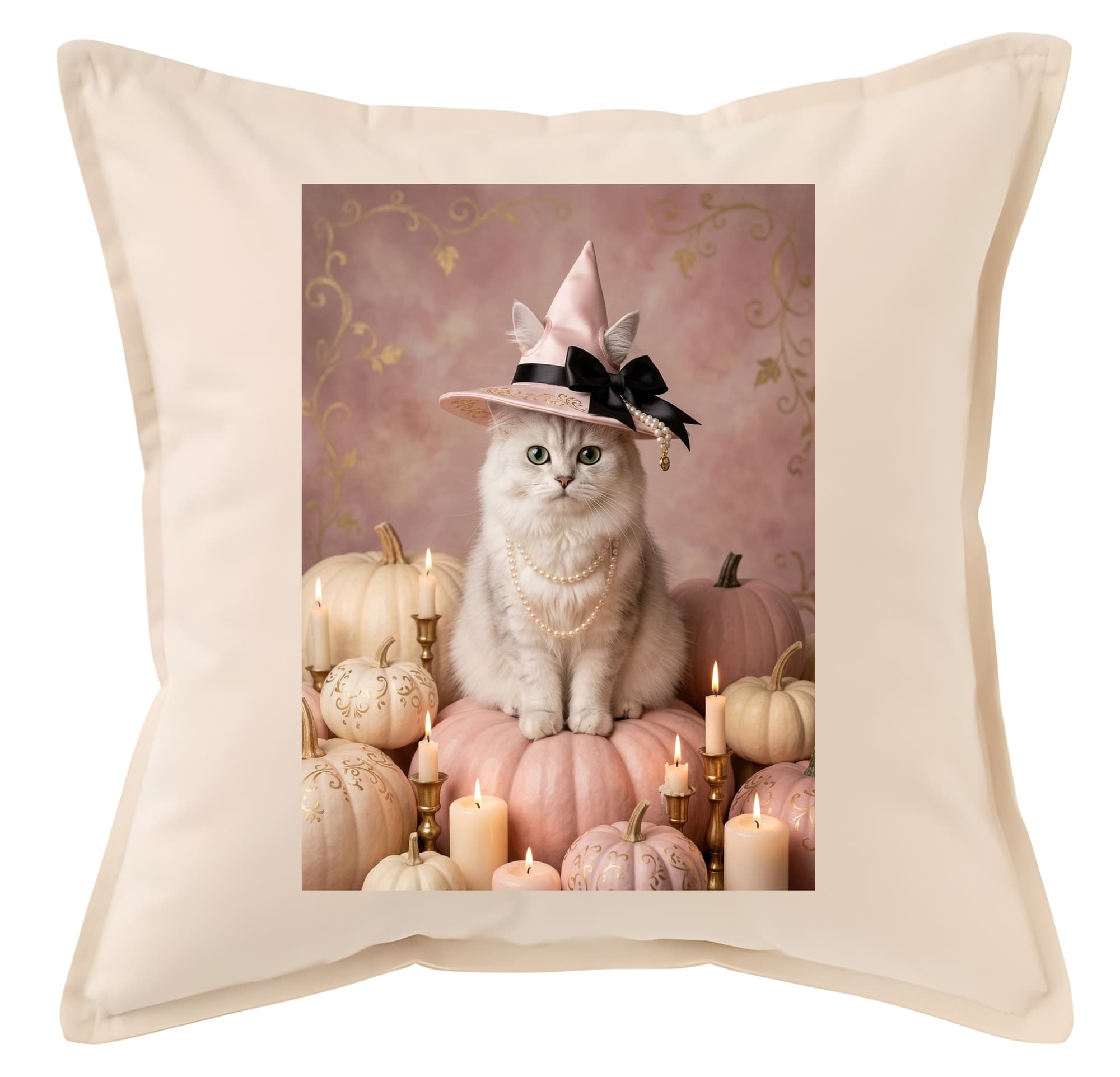 Chinchilla Persian Pumpkin & Candlelight Oil-Painting Halloween Cushion