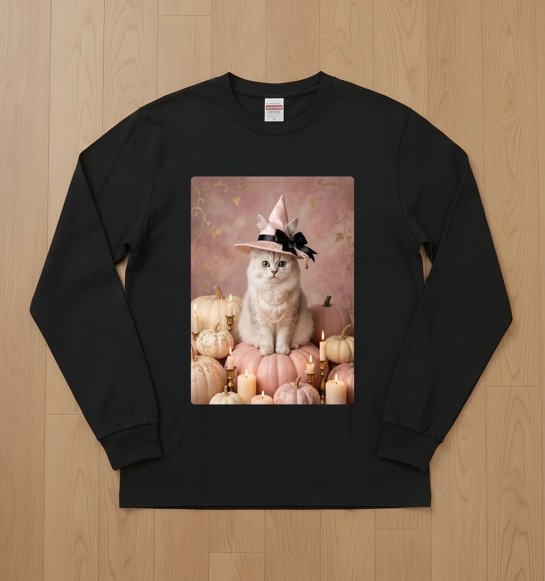 チンチラペルシャのかぼちゃとキャンドルの油絵風アートハロウィン長袖Tシャツ(ブラック)