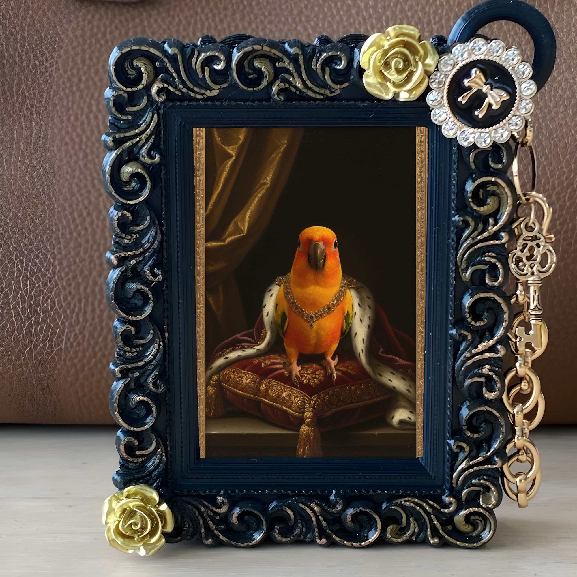 コガネメキシコインコのルネサンス肖像画バッグチャーム(ブラック) 2