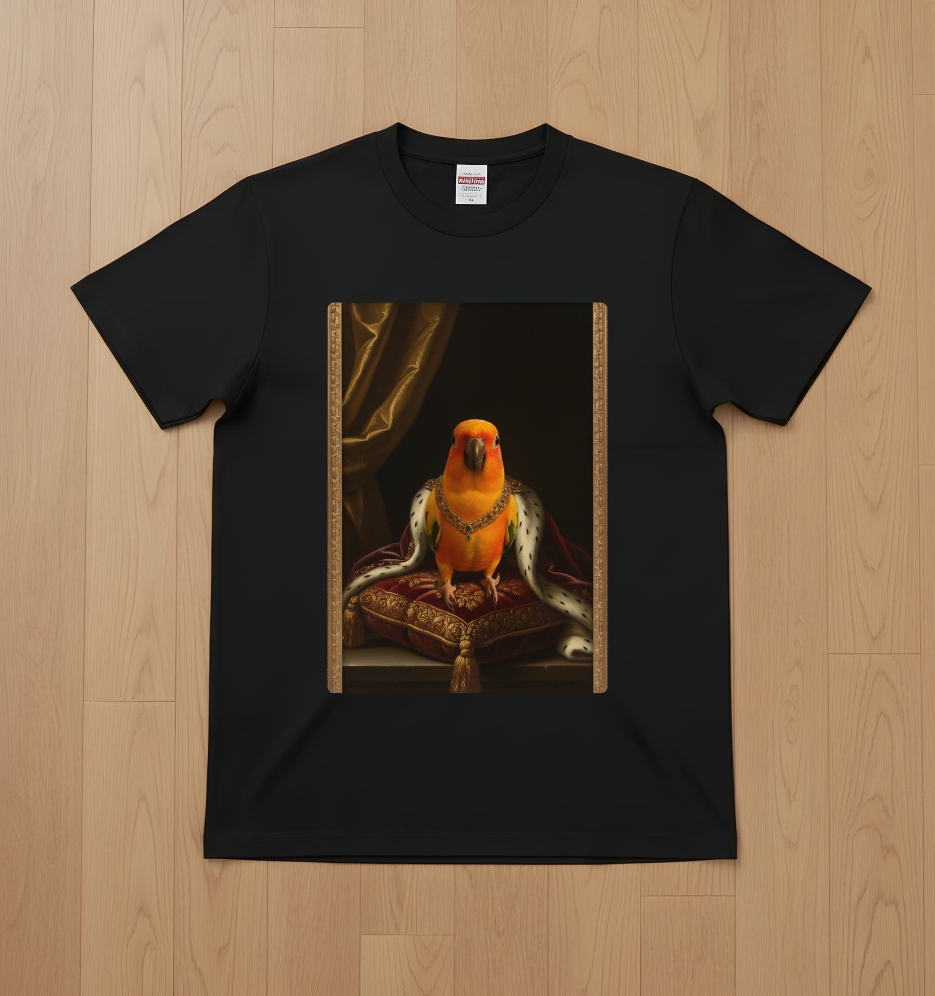 コガネメキシコインコのルネサンス肖像画Tシャツ(ブラック・カラープリント・額縁なし)
