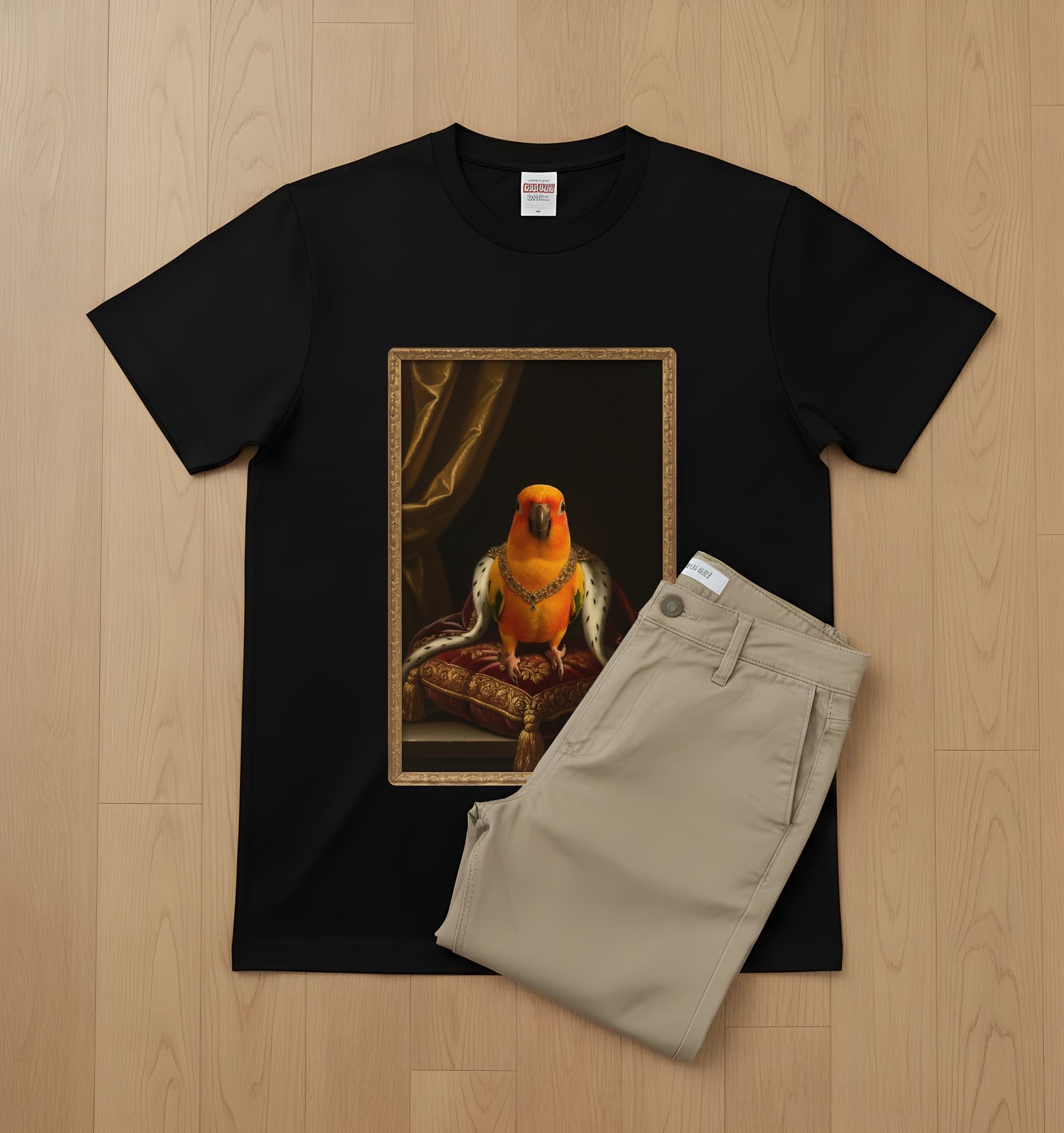 コガネメキシコインコのルネサンス肖像画Tシャツ(ブラック・カラープリント・額縁なし) 2