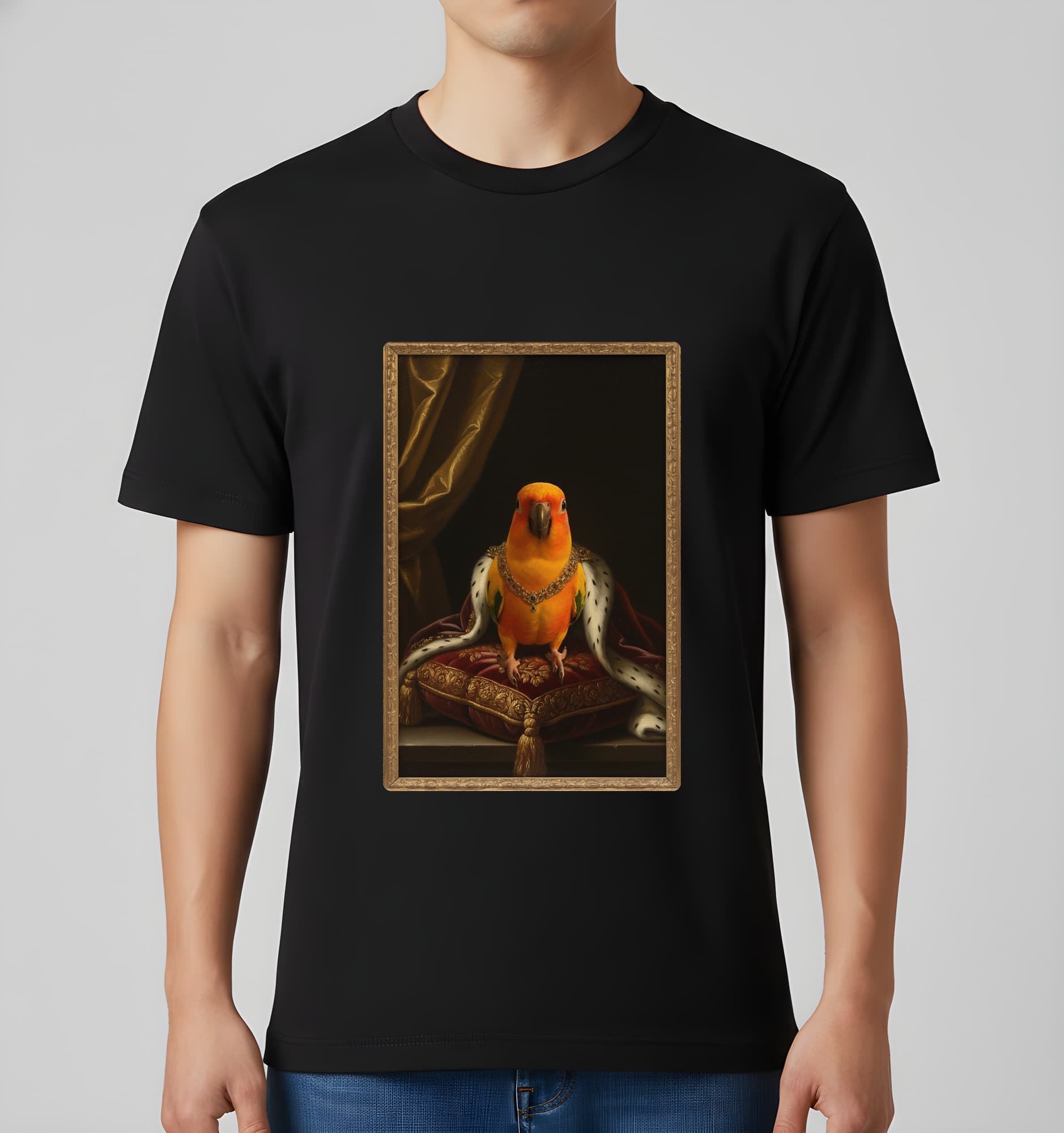 コガネメキシコインコのルネサンス肖像画Tシャツ(ブラック・カラープリント・額縁なし) 3