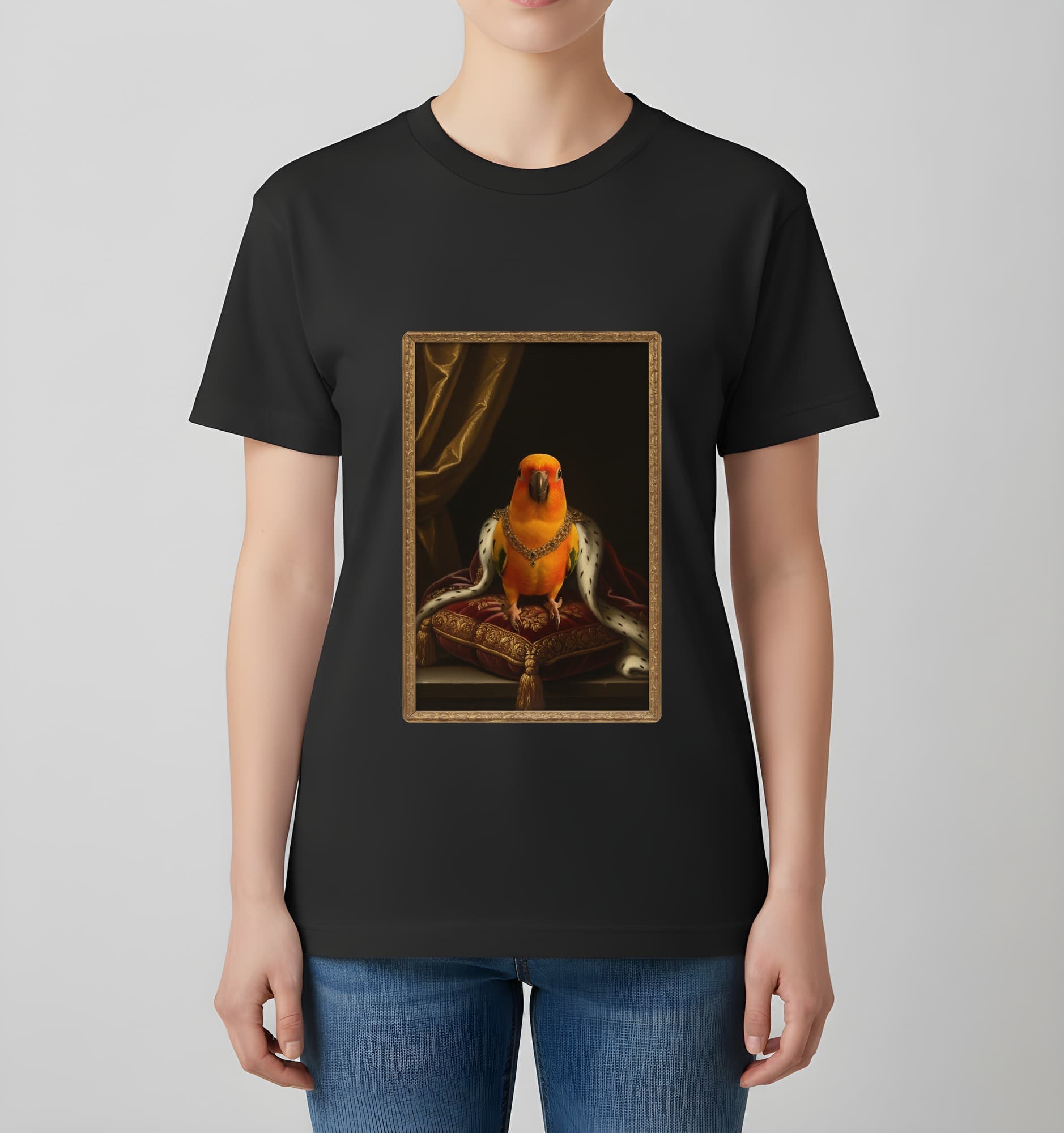 コガネメキシコインコのルネサンス肖像画Tシャツ(ブラック・カラープリント・額縁なし) 4