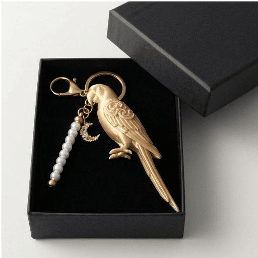 ベニコンゴウインコのルネサンス肖像画キーホルダー(シルクゴールド) 4