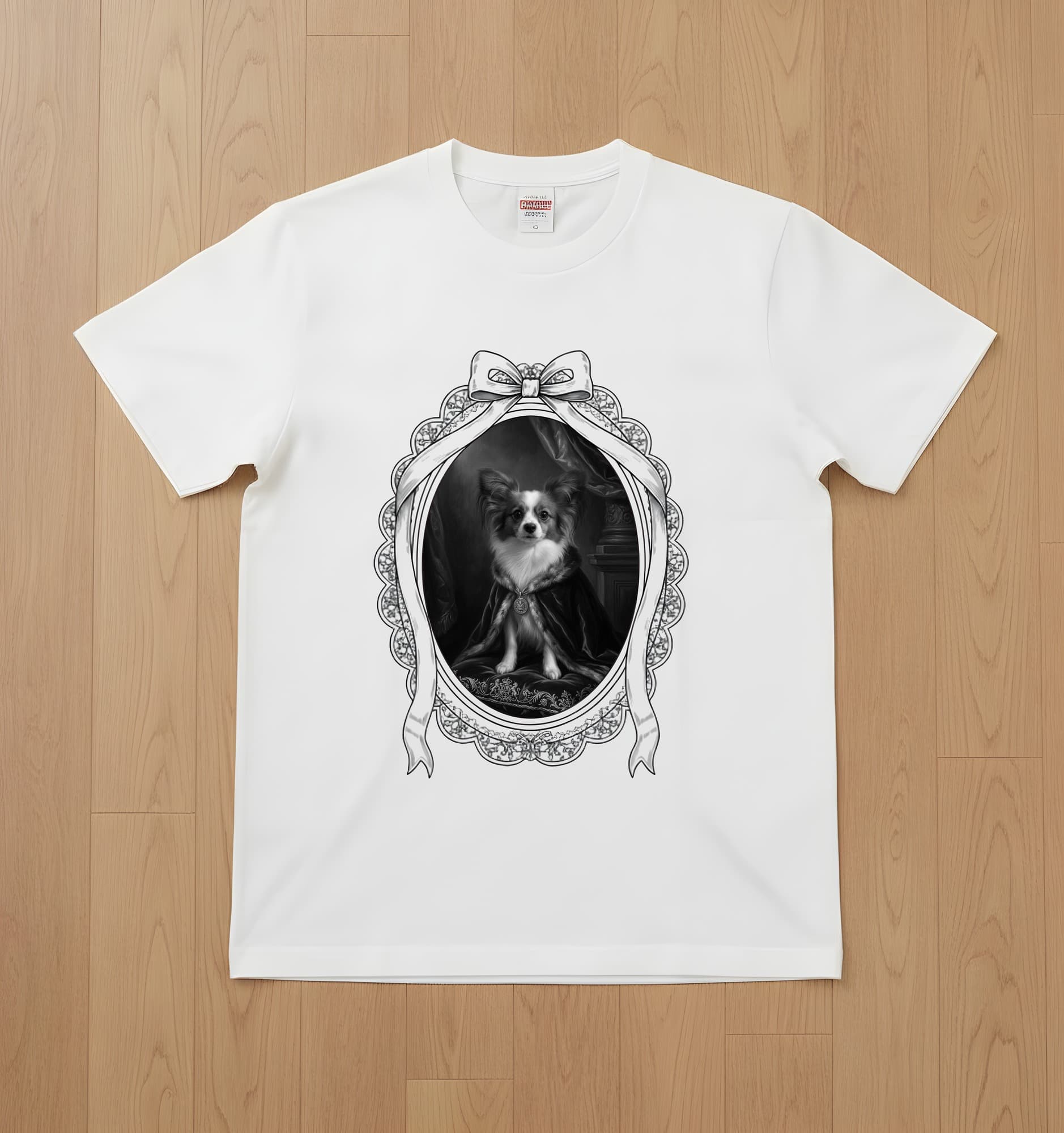 papillon Renaissance Portrait T-Shirt (White, Monochrome Print, Framed Design)