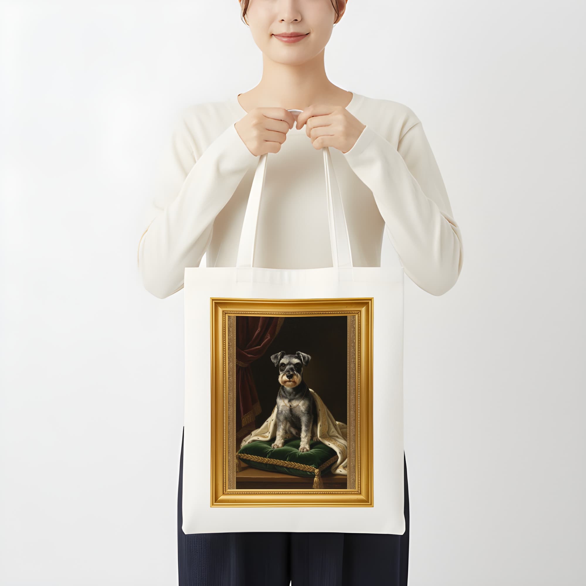 ミニチュアシュナウザーのルネサンス肖像画トートバッグ(カラープリント・額縁デザインあり) 3