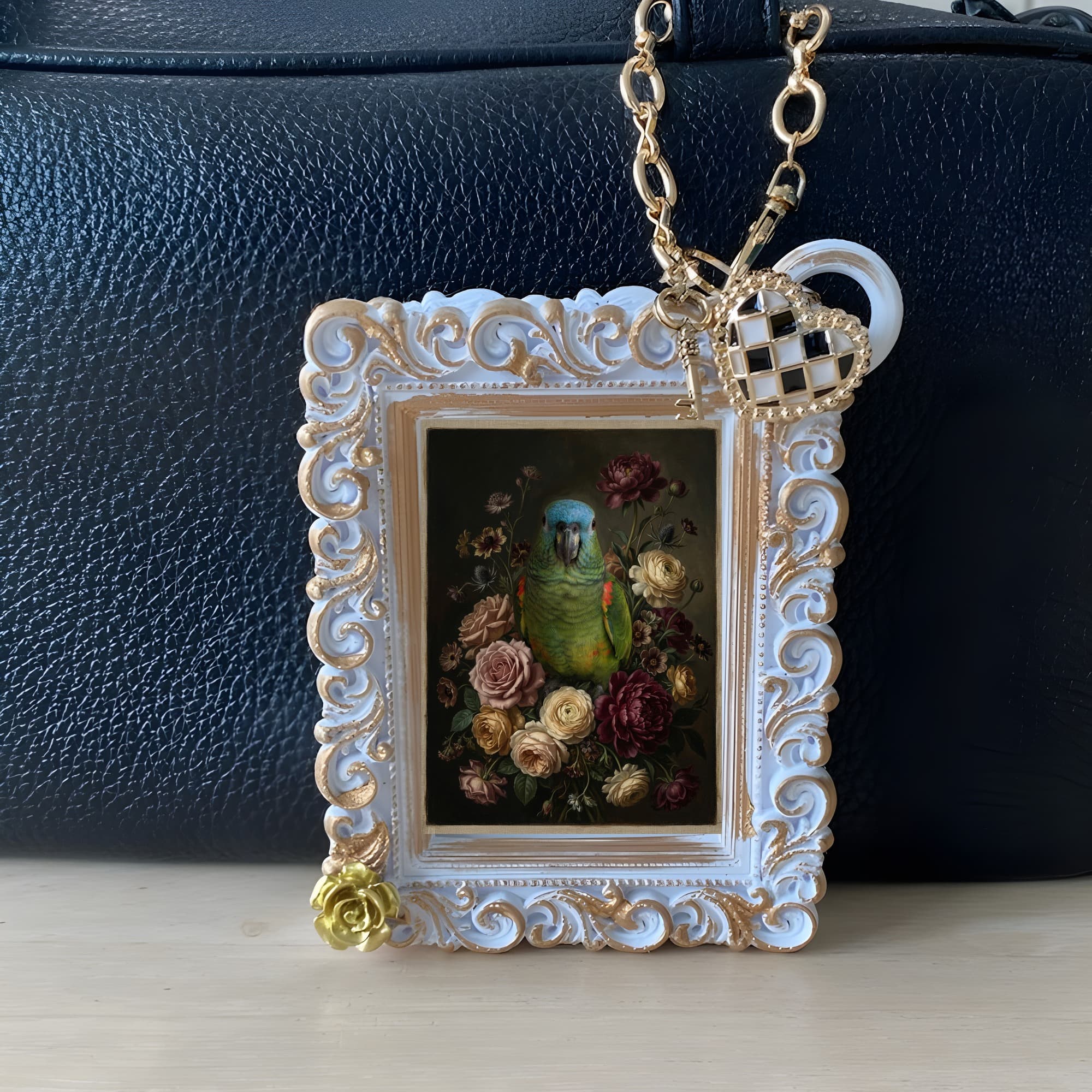 Blue-fronted Amazon Floral Oil-Painting Floral Bag Charm (White) 3