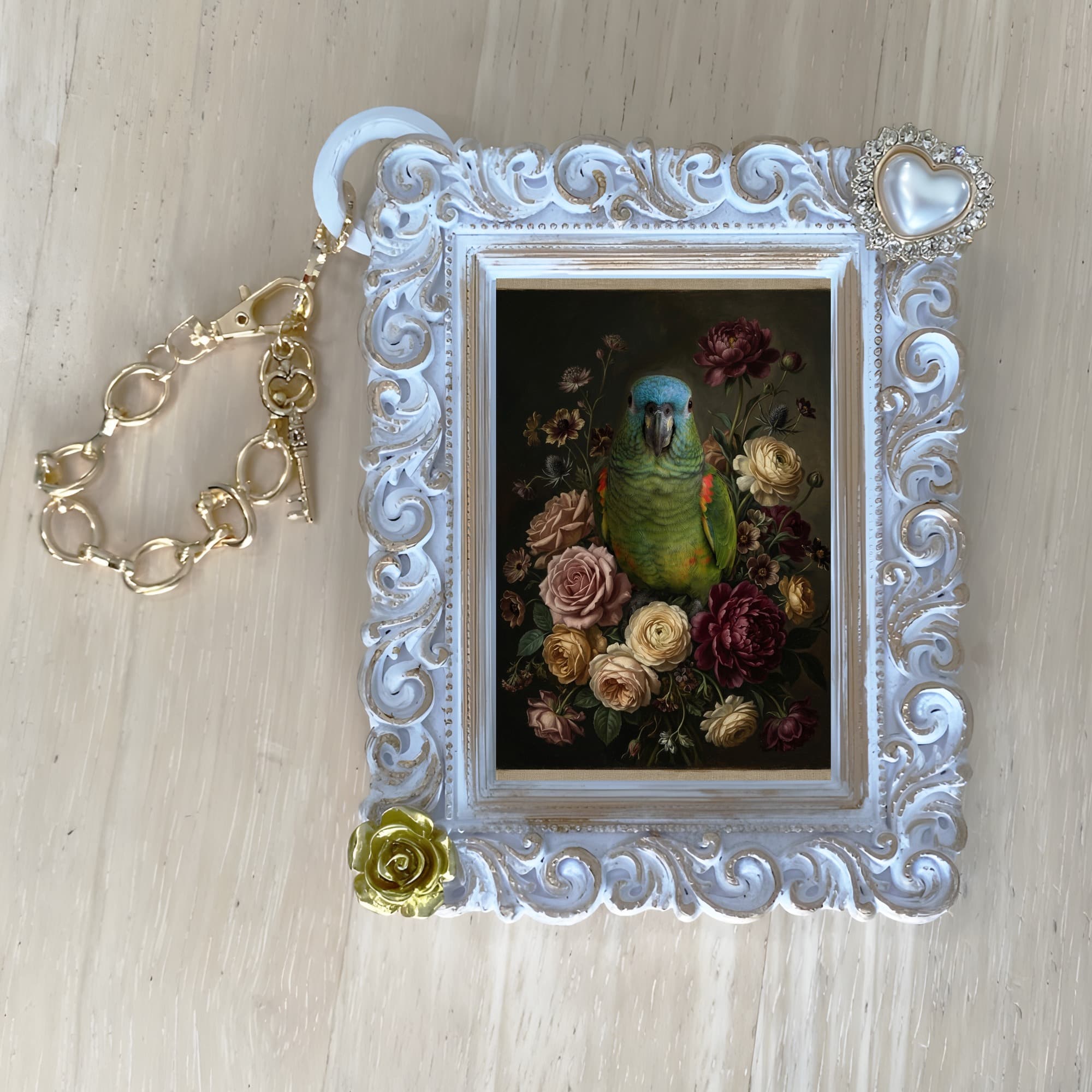 Blue-fronted Amazon Floral Oil-Painting Floral Bag Charm (White) 4