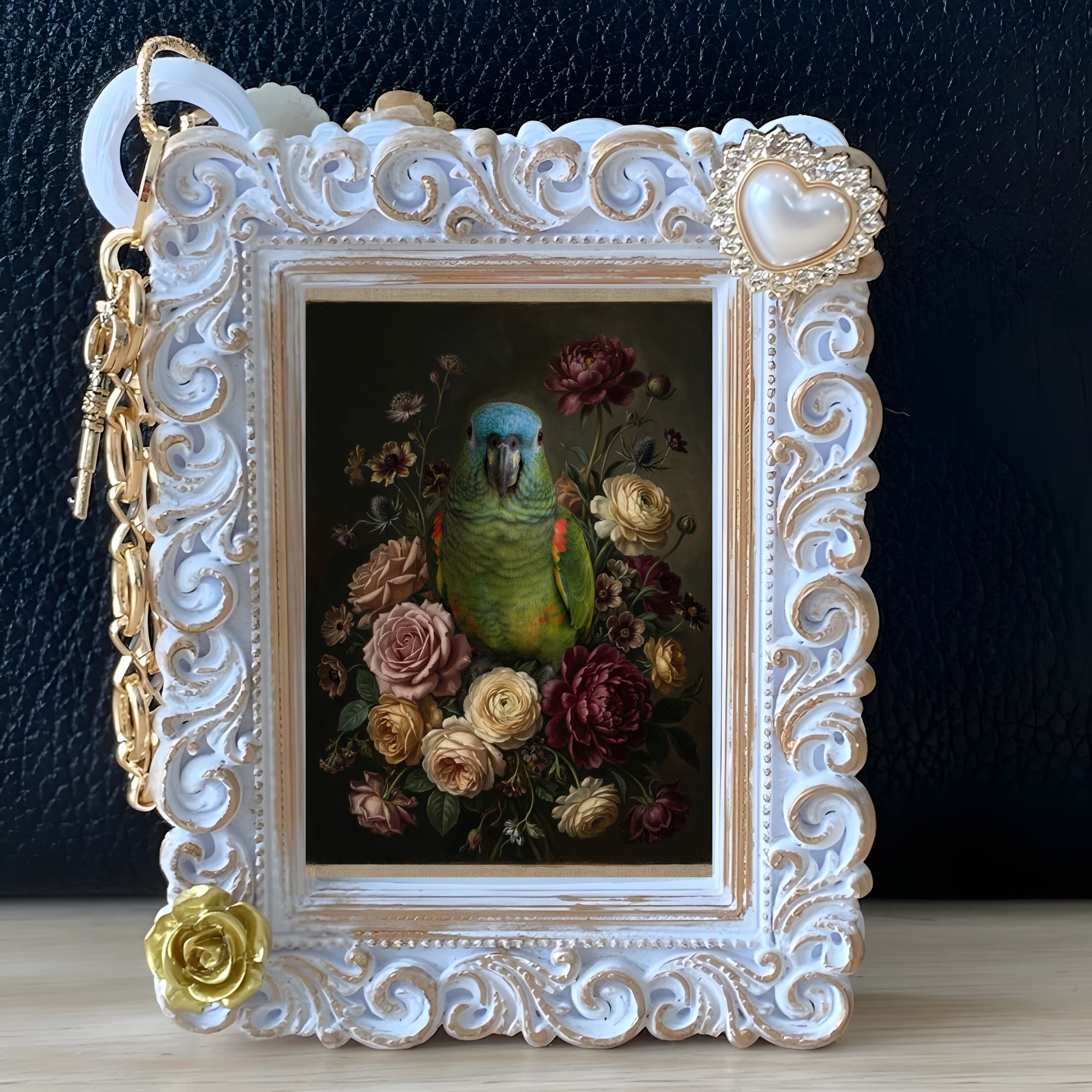 Blue-fronted Amazon Floral Oil-Painting Floral Bag Charm (White) 5