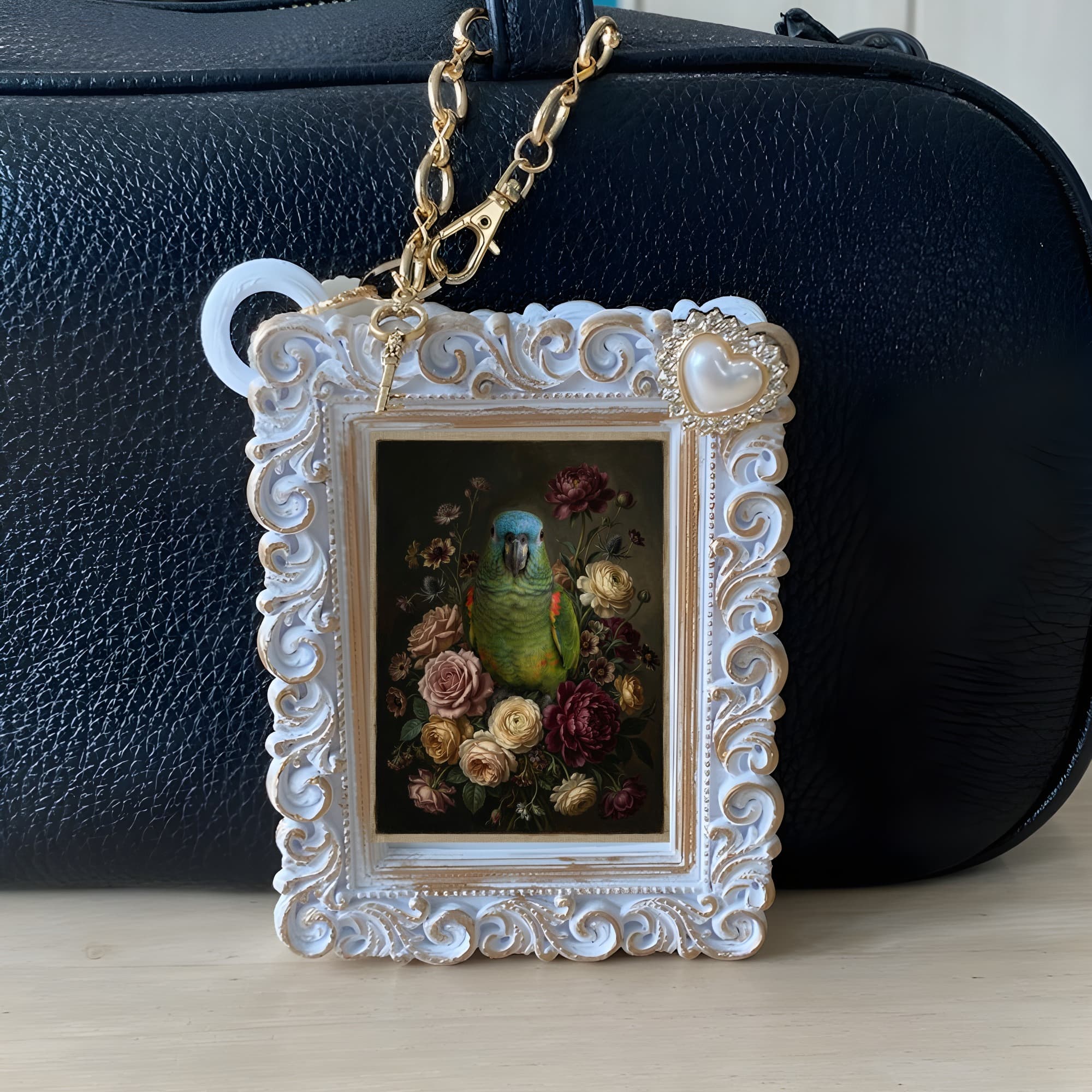 Blue-fronted Amazon Floral Oil-Painting Floral Bag Charm (White) 6