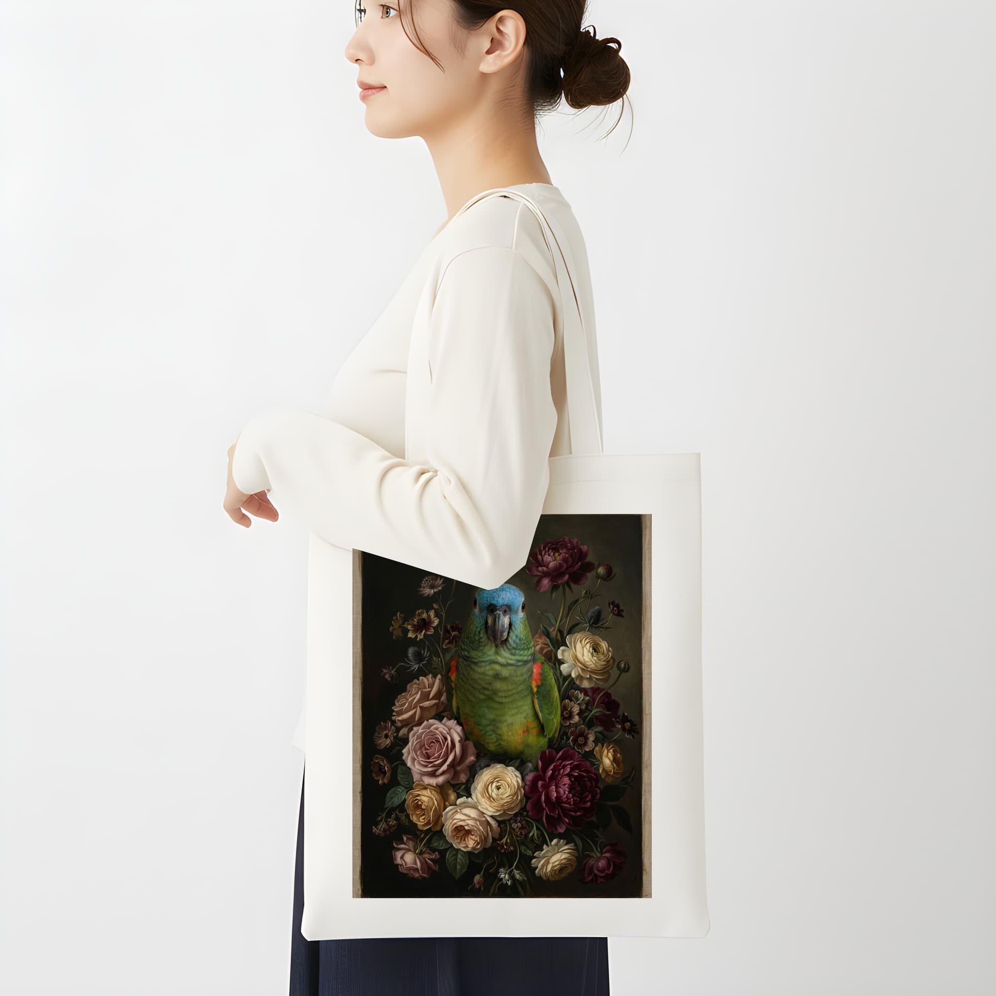 アオボウシインコの花の油絵風アート花柄トートバッグ 2