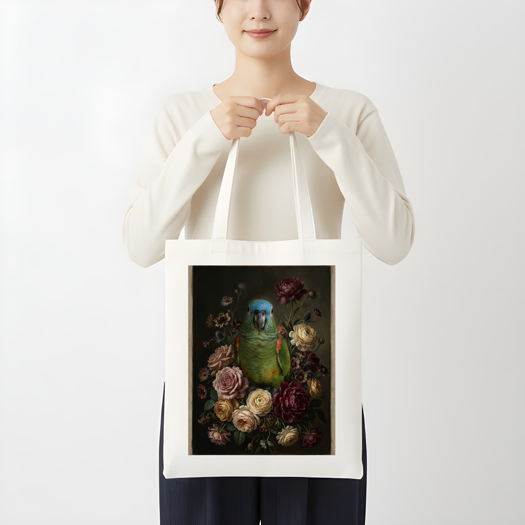 アオボウシインコの花の油絵風アート花柄トートバッグ 3
