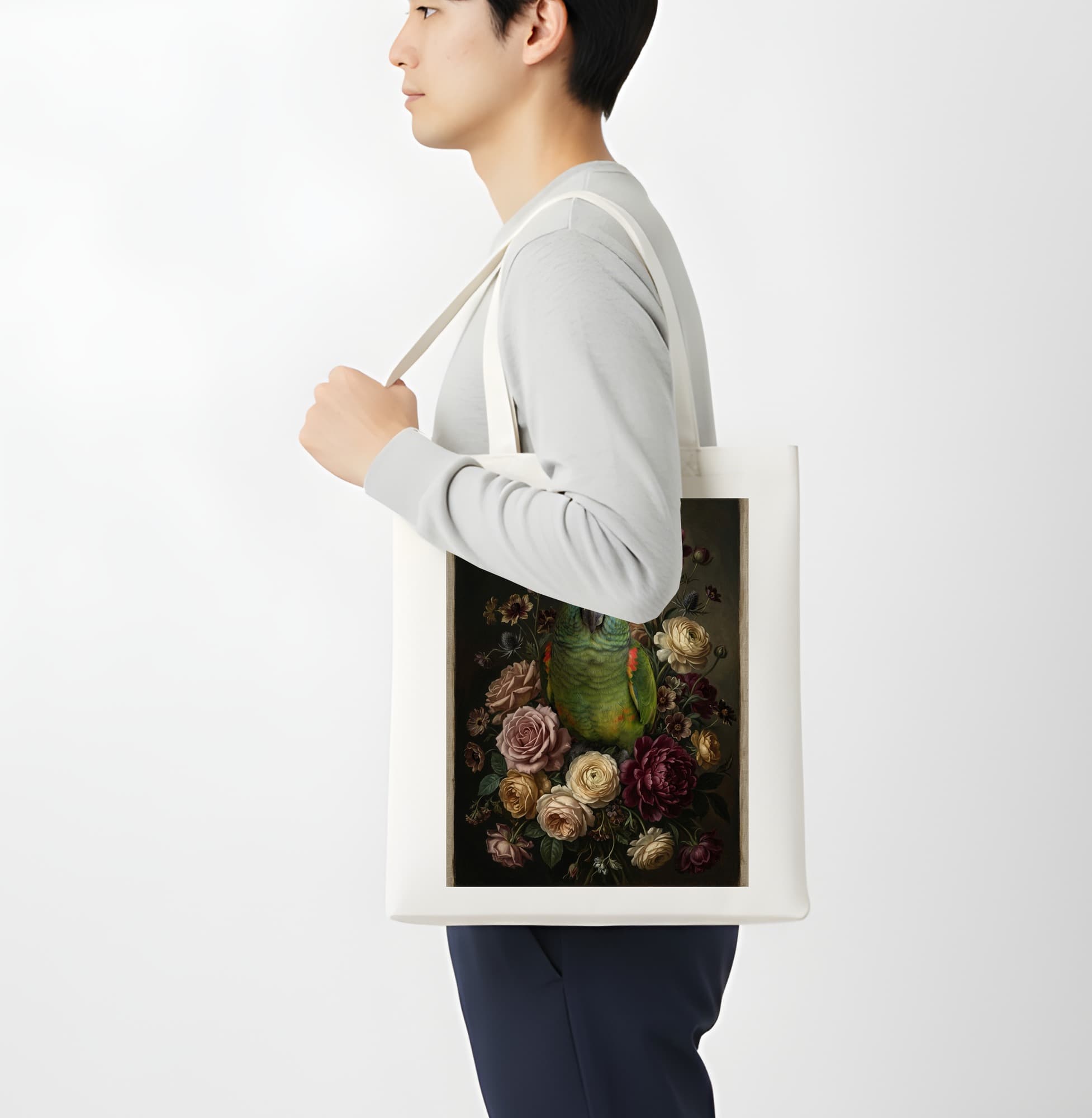 アオボウシインコの花の油絵風アート花柄トートバッグ 4