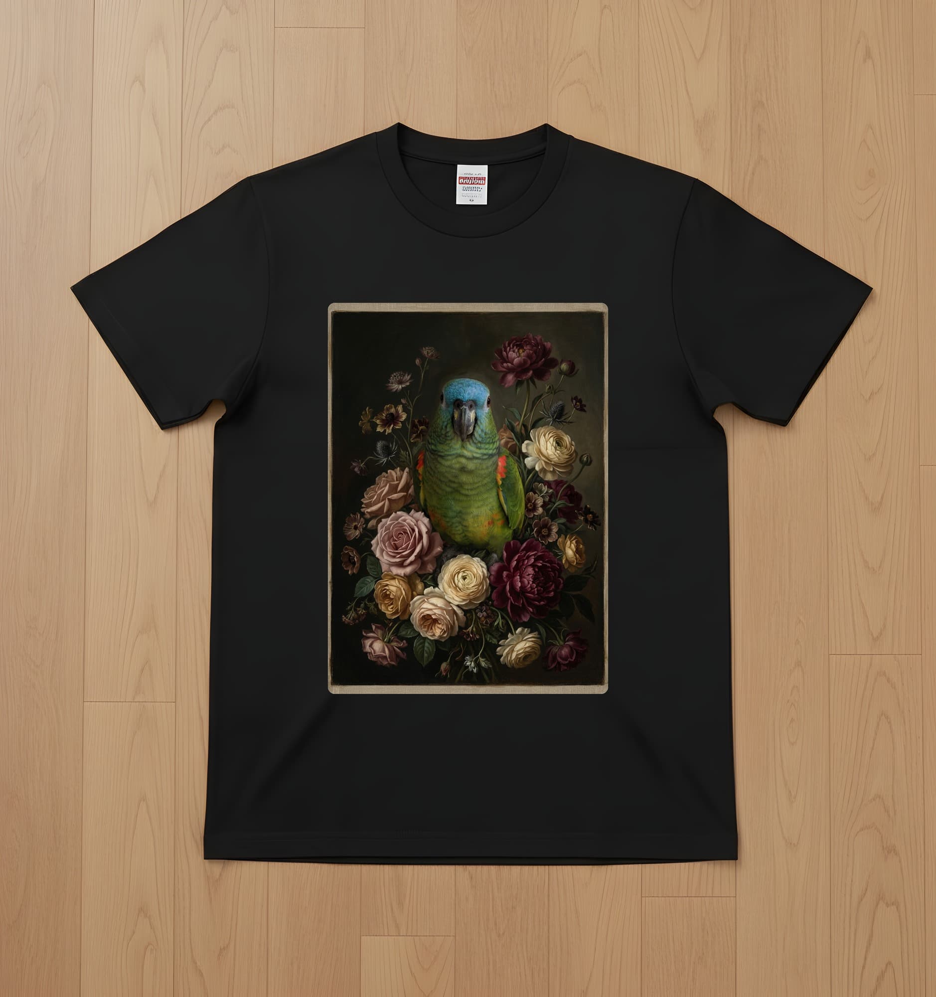 Blue-fronted Amazon Floral Oil-Painting Floral T-Shirt (Black)