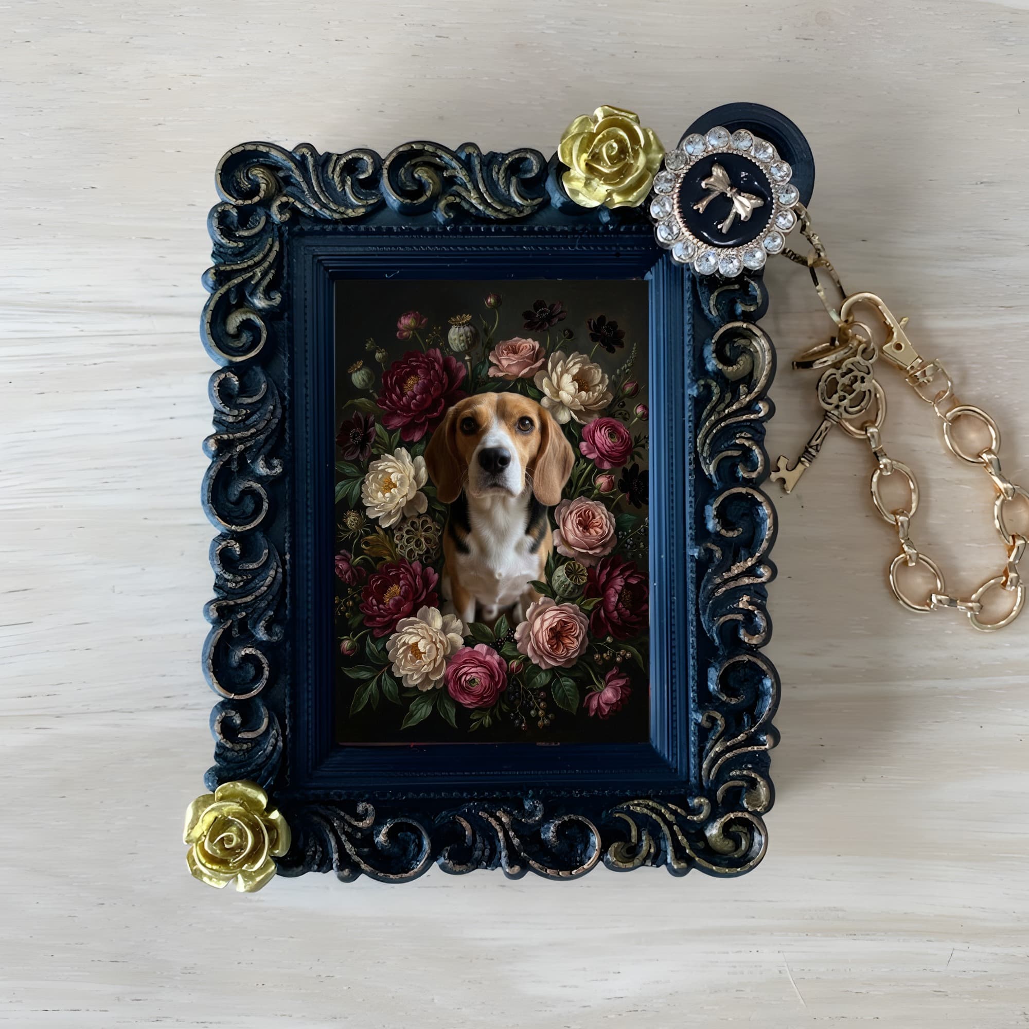 beagle Floral Oil-Painting Floral Bag Charm (Black)