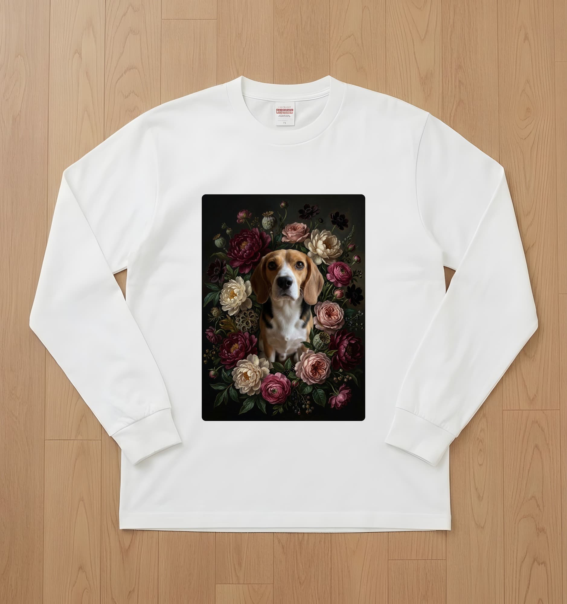 ビーグルの花の油絵風アート花柄長袖Tシャツ(ホワイト)