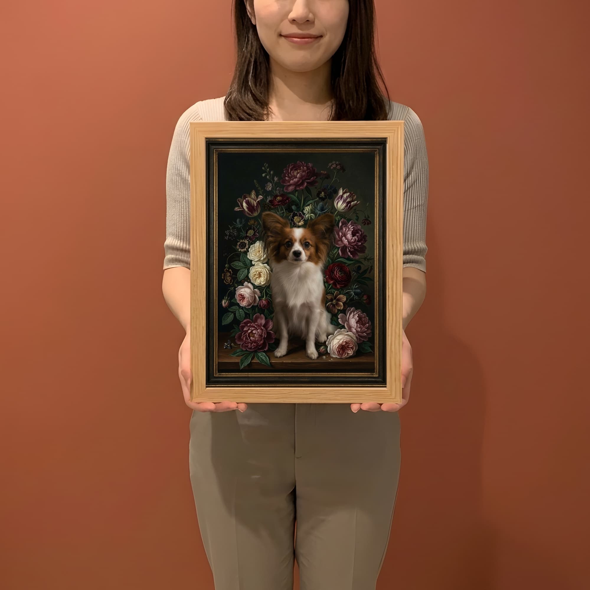 パピヨンの花の油絵風アート花柄額装プリント(A4サイズ) 2