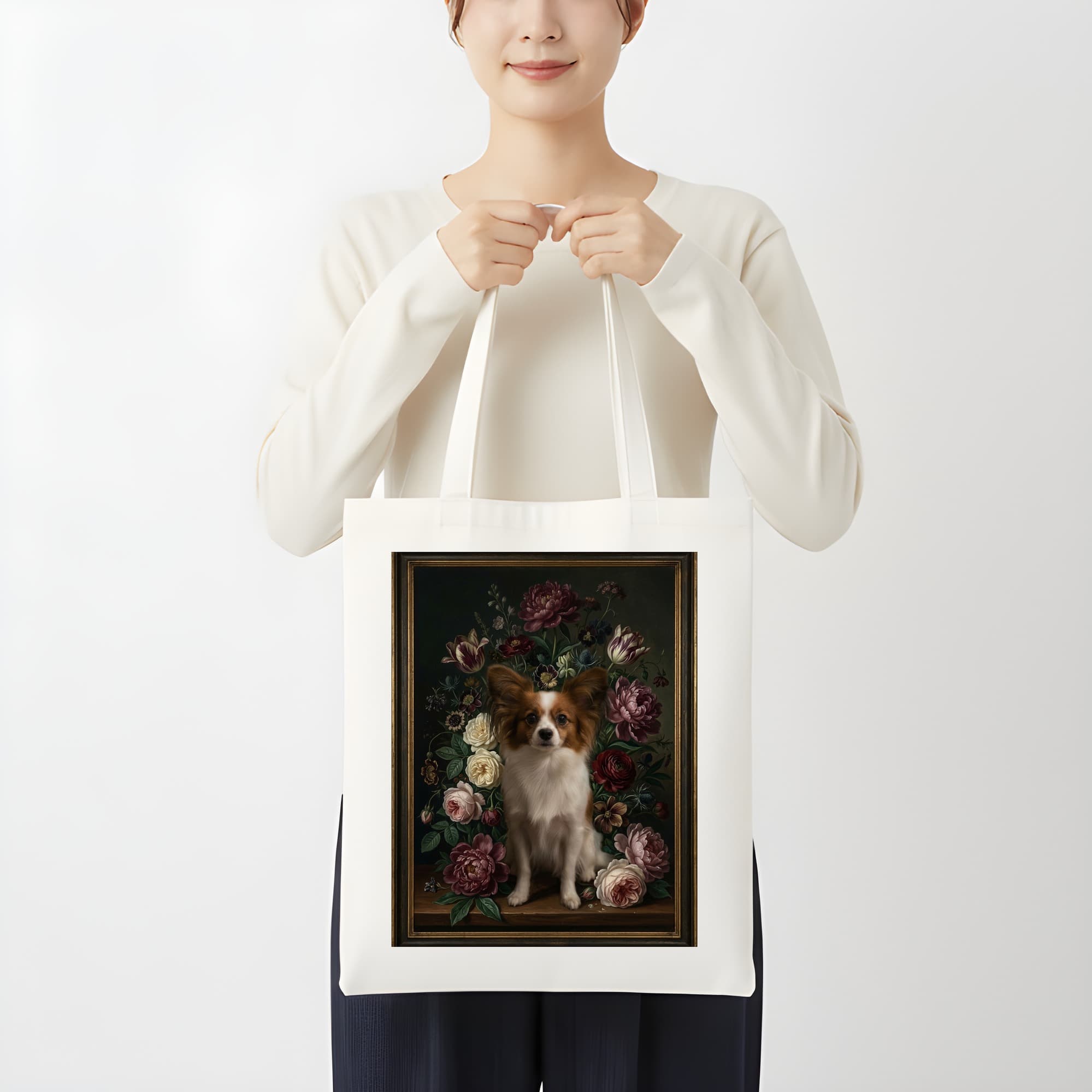 パピヨンの花の油絵風アート花柄トートバッグ 3