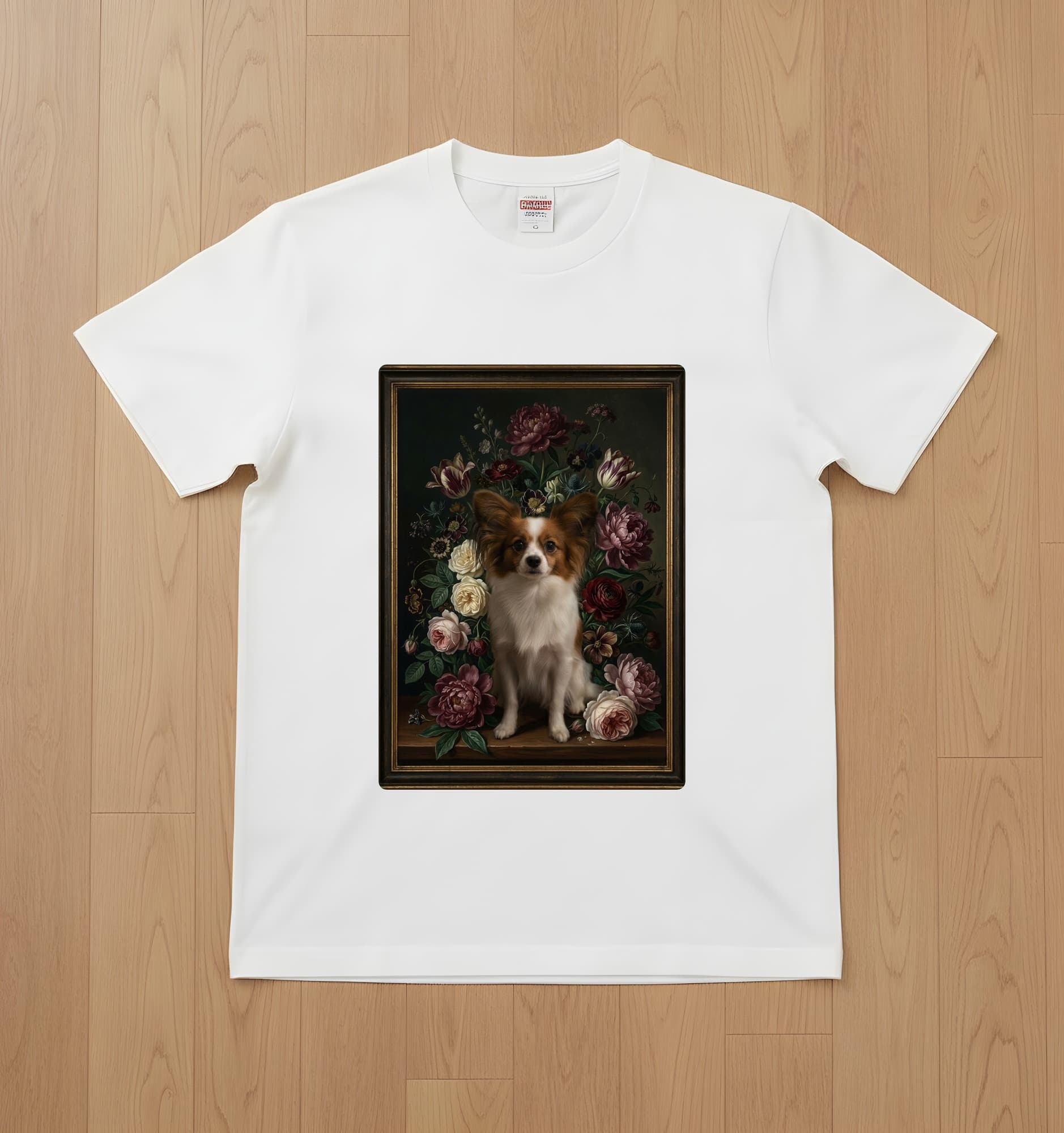 パピヨンの花の油絵風アート花柄Tシャツ(ホワイト)
