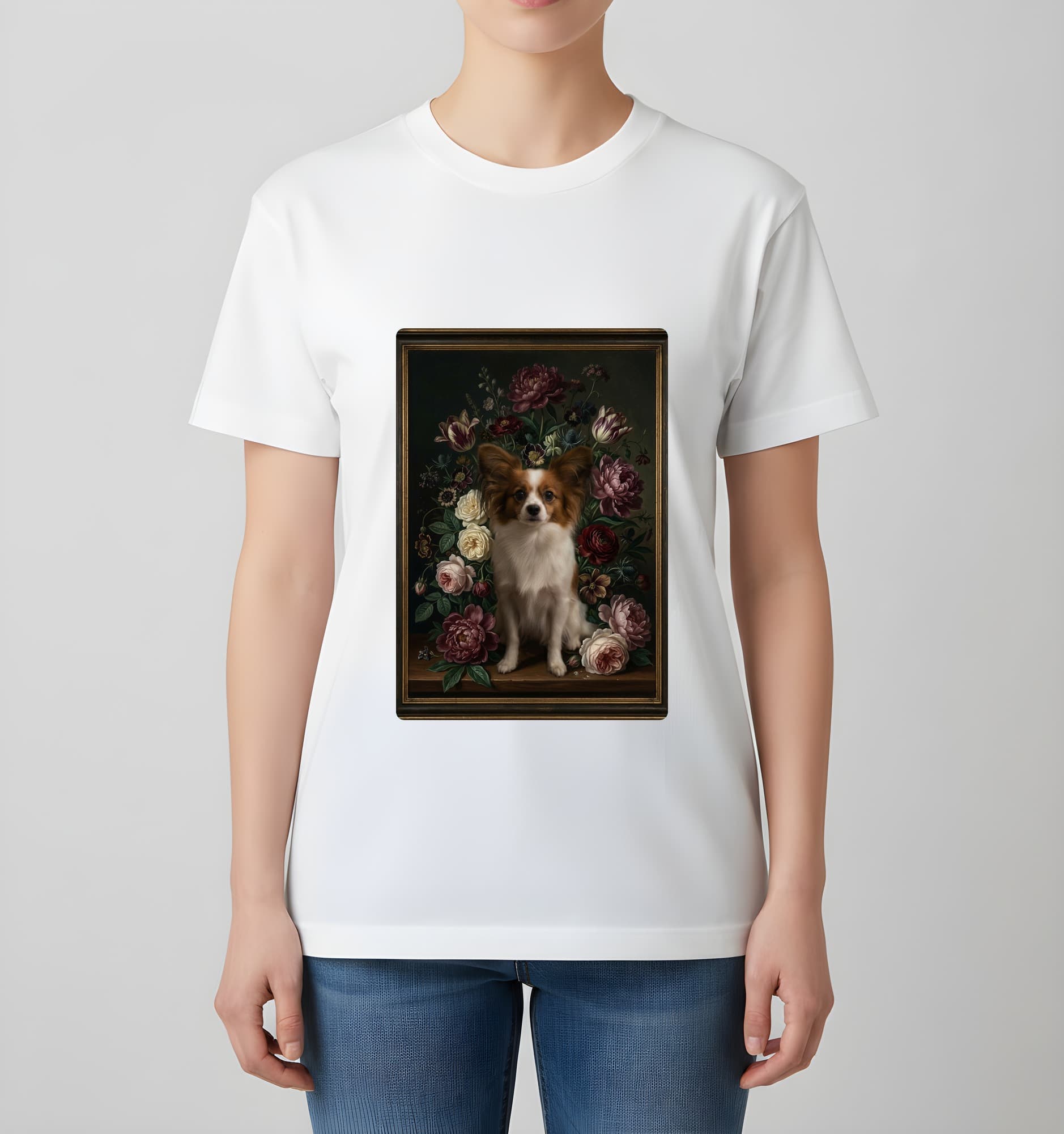 パピヨンの花の油絵風アート花柄Tシャツ(ホワイト) 4