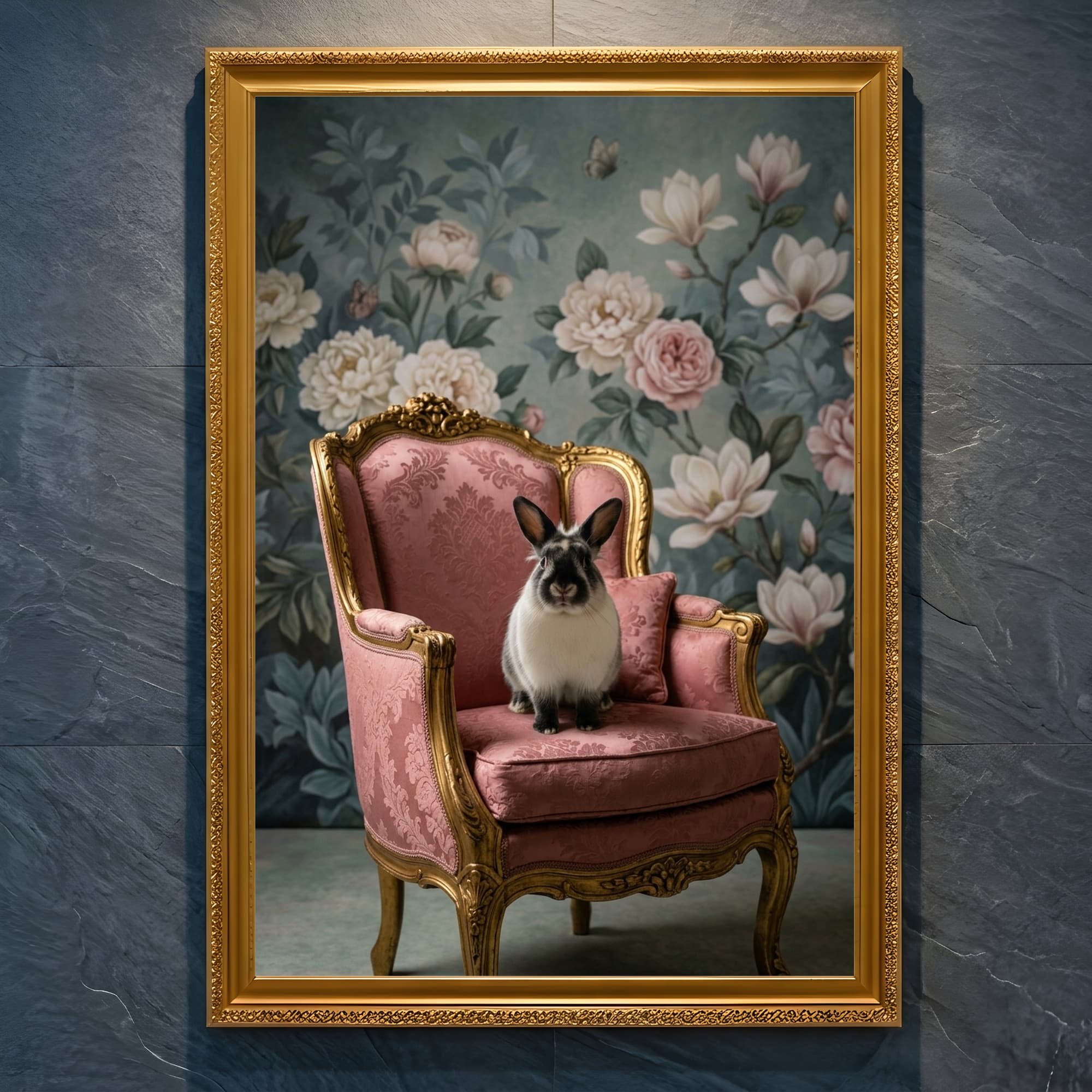 Himalayan rabbit Shabby Pink Oil-Painting Rococo Framed Art Print (A4 Gold)