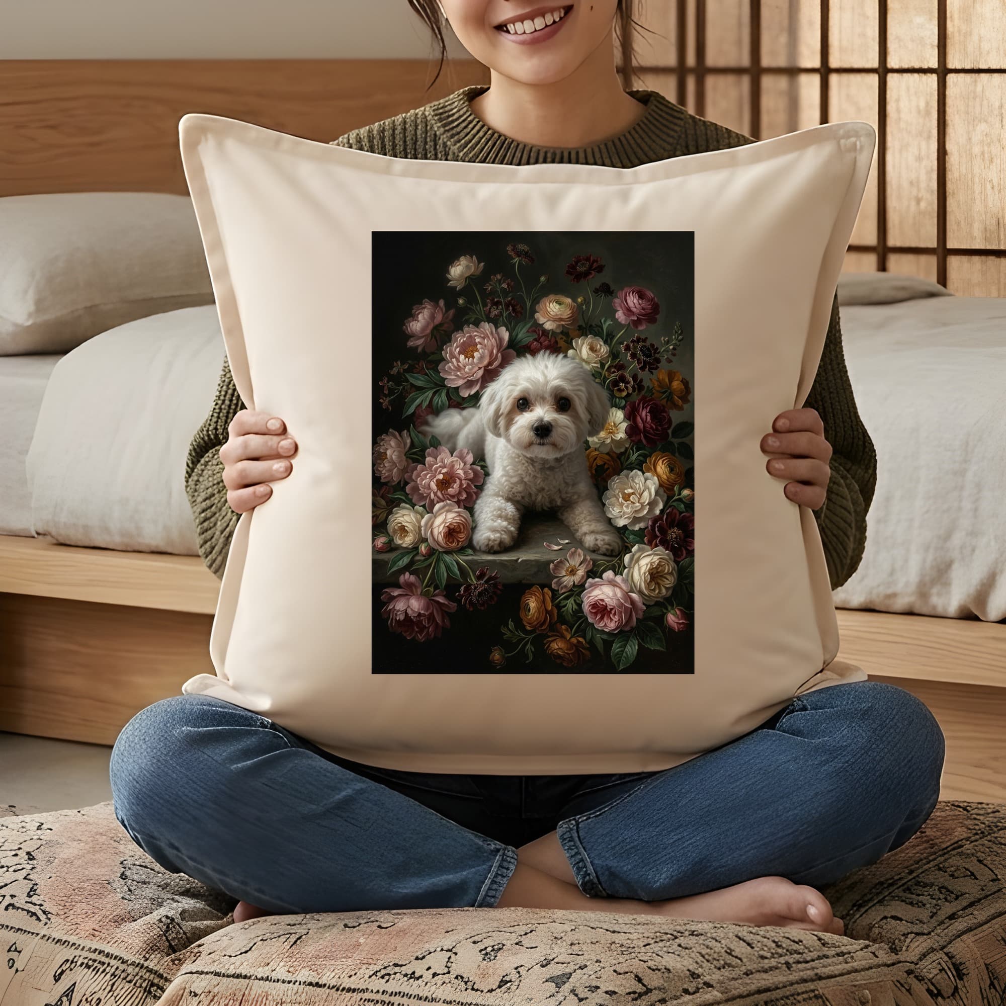 マルチーズの花の油絵風アート花柄クッション 3