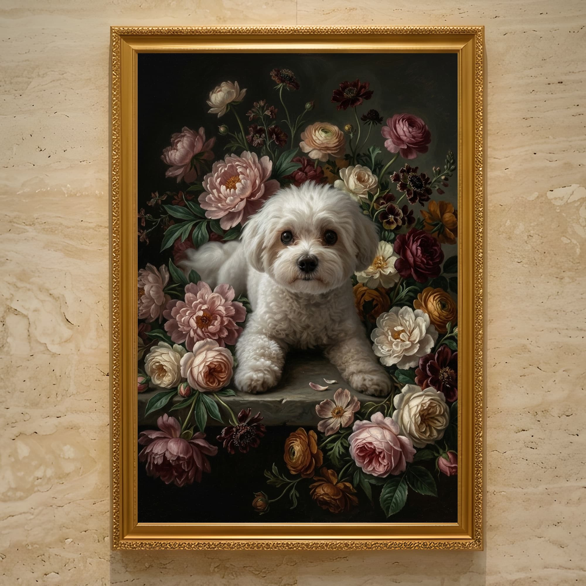 マルチーズの花の油絵風アート花柄額装プリント(A3サイズ)