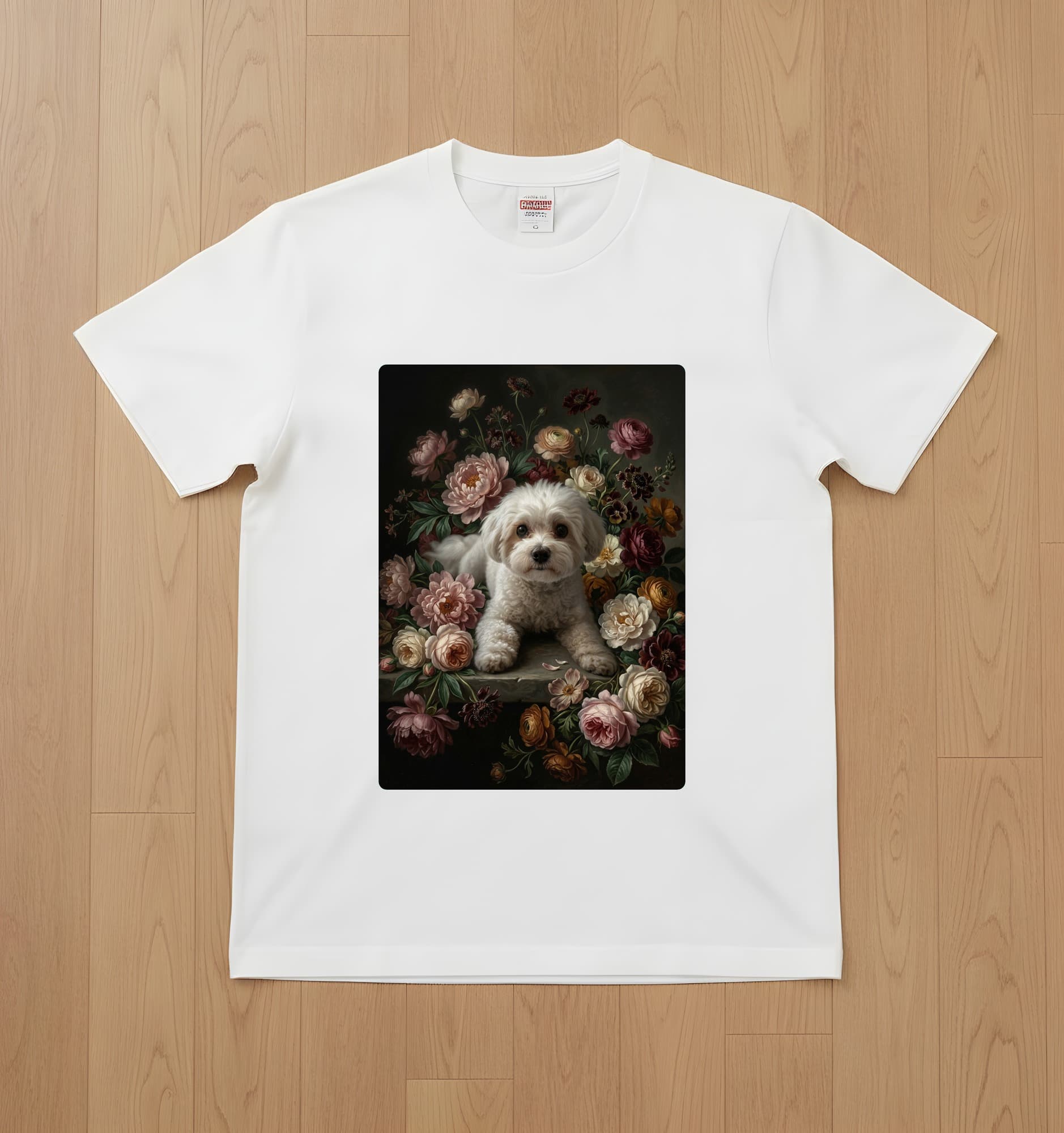 マルチーズの花の油絵風アート花柄Tシャツ(ホワイト)