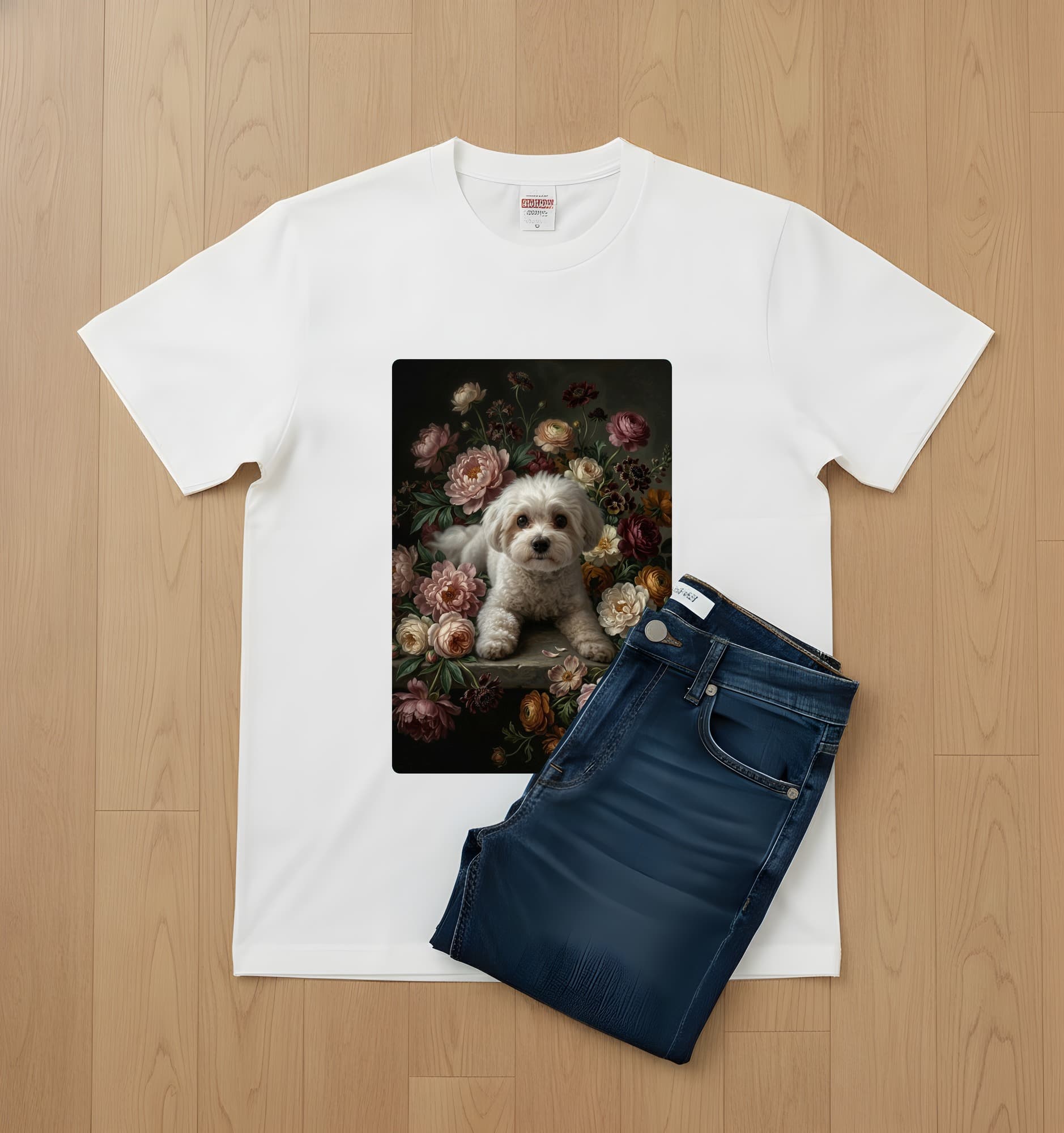 マルチーズの花の油絵風アート花柄Tシャツ(ホワイト) 2