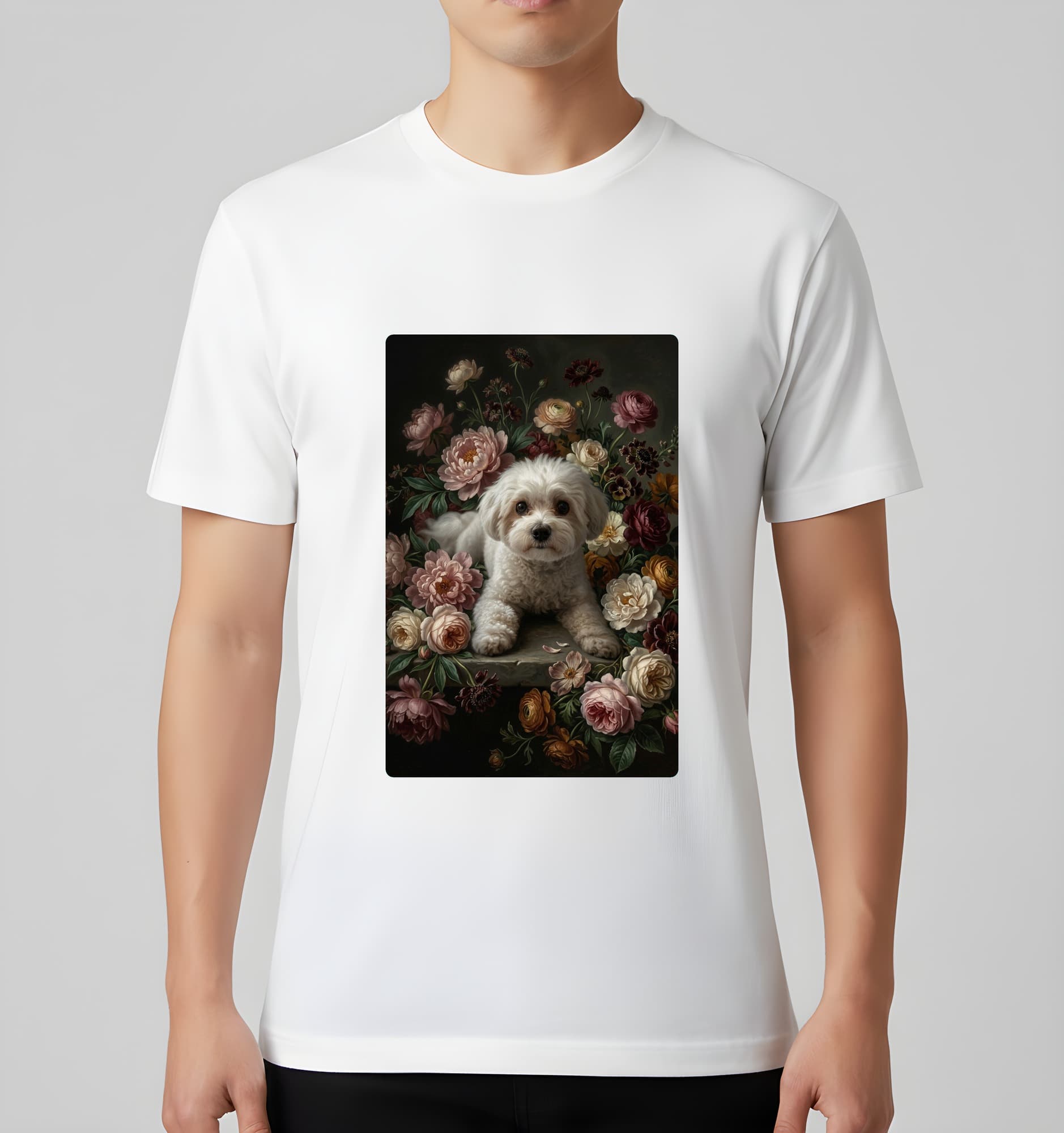 マルチーズの花の油絵風アート花柄Tシャツ(ホワイト) 3