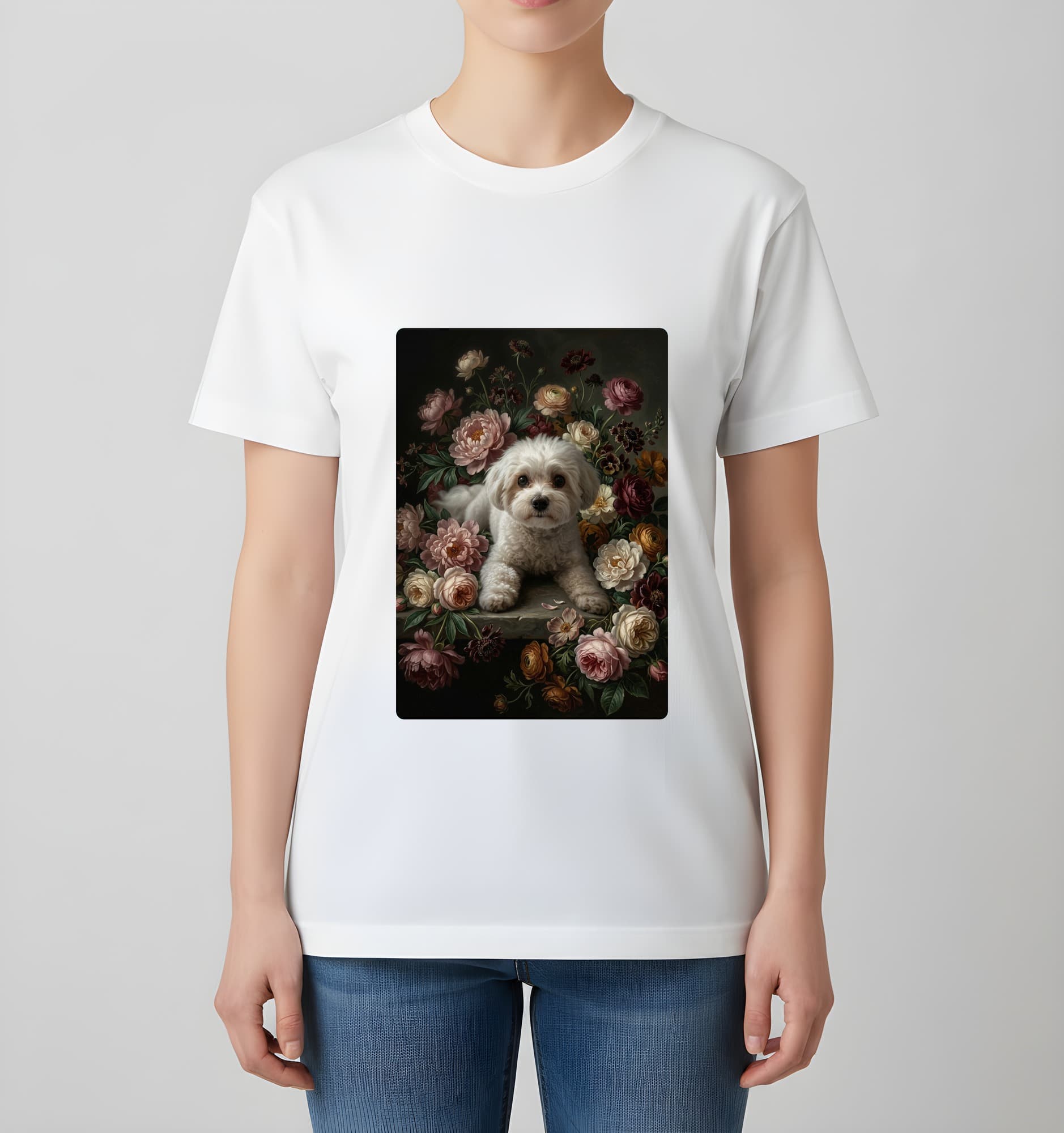 マルチーズの花の油絵風アート花柄Tシャツ(ホワイト) 4