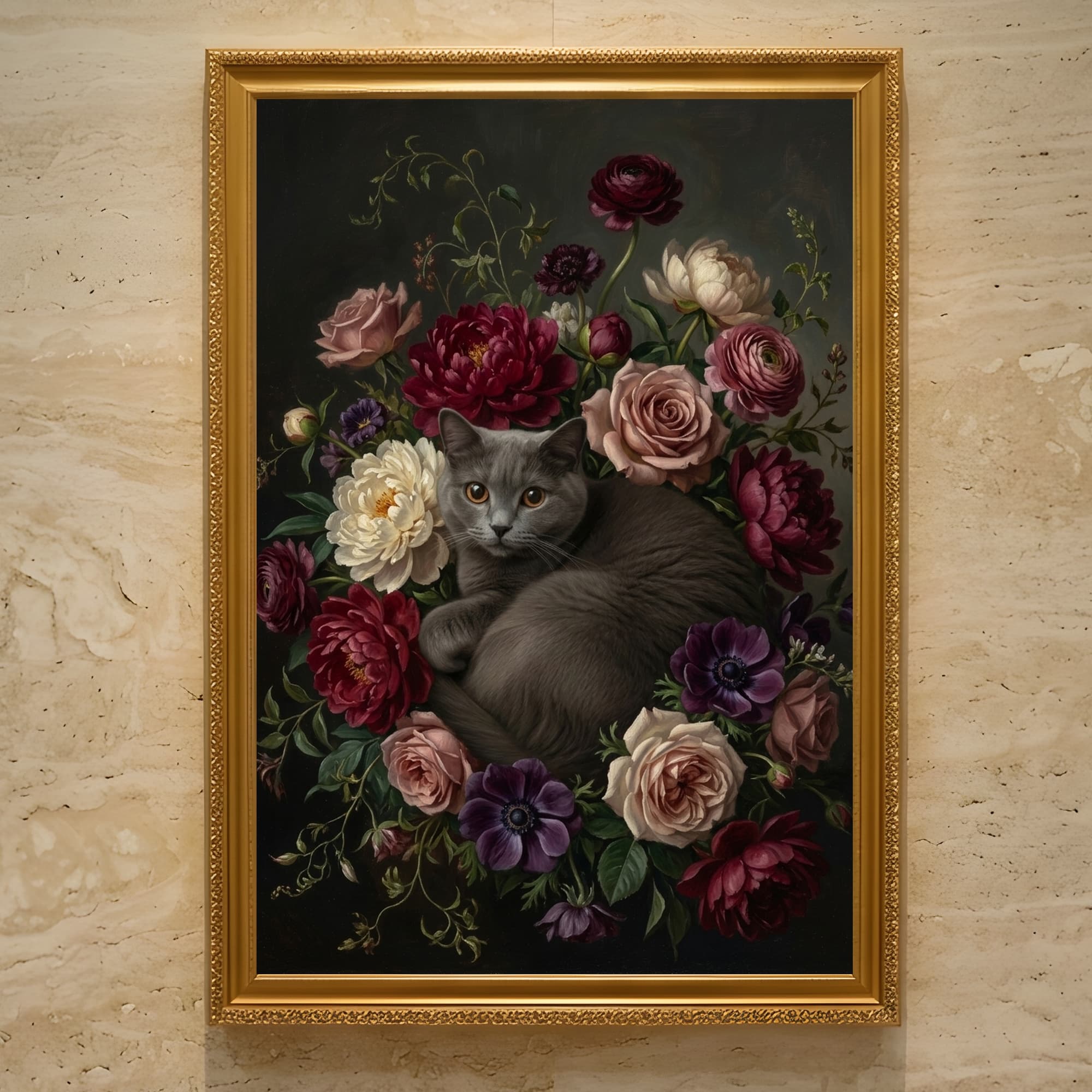 ブリティッシュショートヘアの花の油絵風アート花柄額装プリント(A3サイズ)