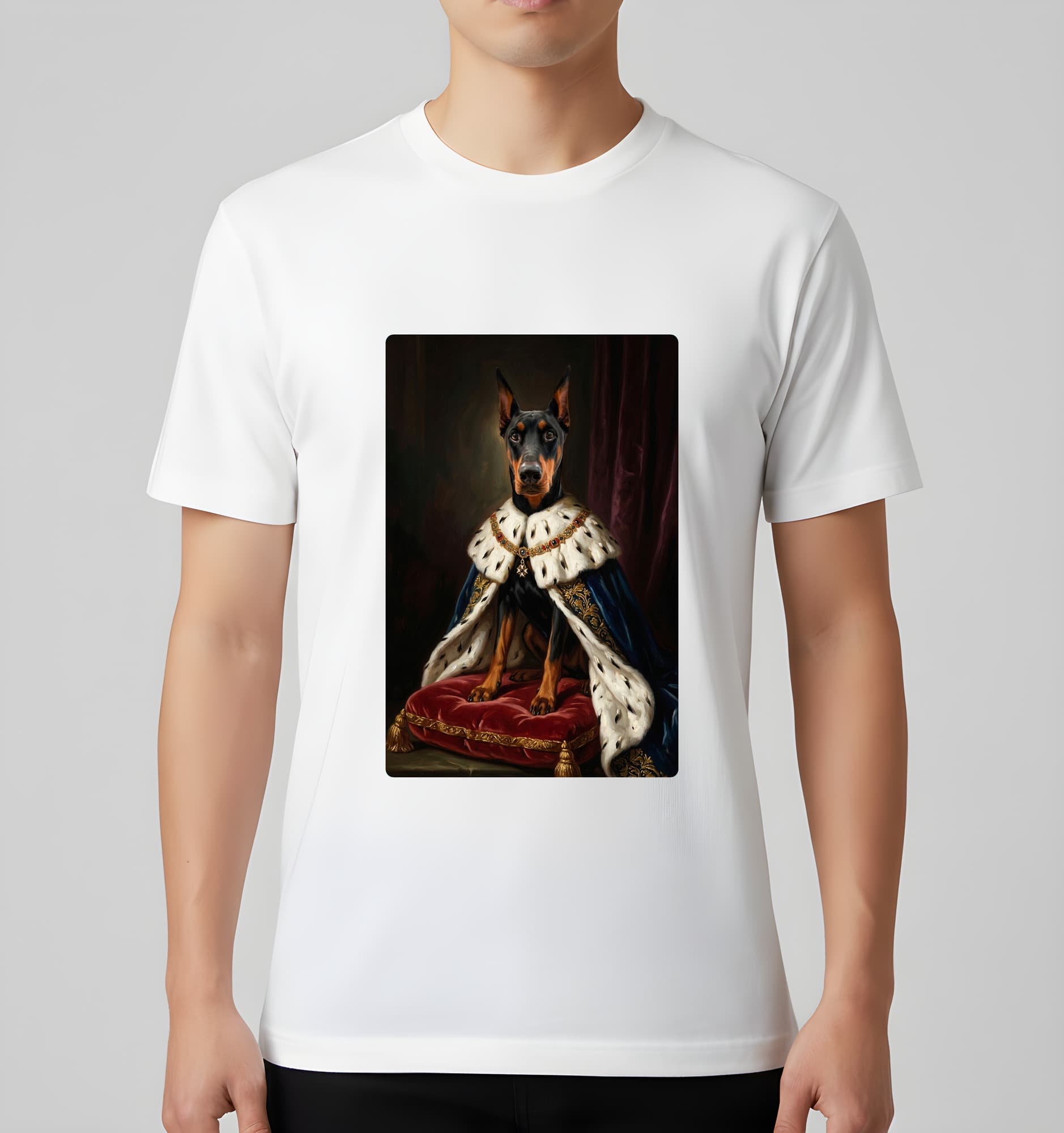 ドーベルマンのルネサンス肖像画Tシャツ(ホワイト・カラープリント・額縁なし) 3